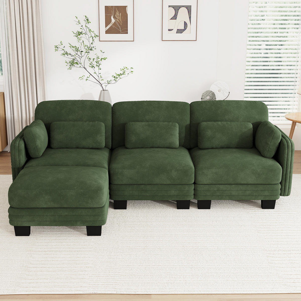ECKSOFA L-Form 3-Sitzer modular mit Ottomane, DE-42686, Grün - Grün, Holz (253/143cm) - ComfortXL