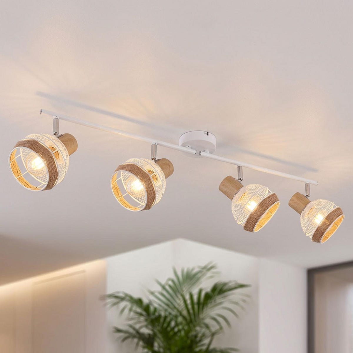 LED DECKENLEUCHTE Hanfseil Weiß Braun Holzoptik - Weiß, Metall (80/17.5/18.4cm) - Globo Lighting