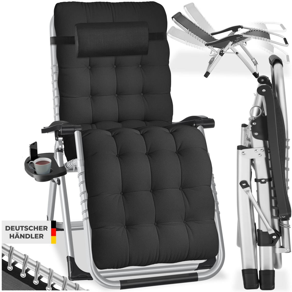 SONNENLIEGE Cloud, 84 x 168 x 82,5 cm, mit Ablagetisch, schwarz - Schwarz, Kunststoff (84/103/113cm) - tectake