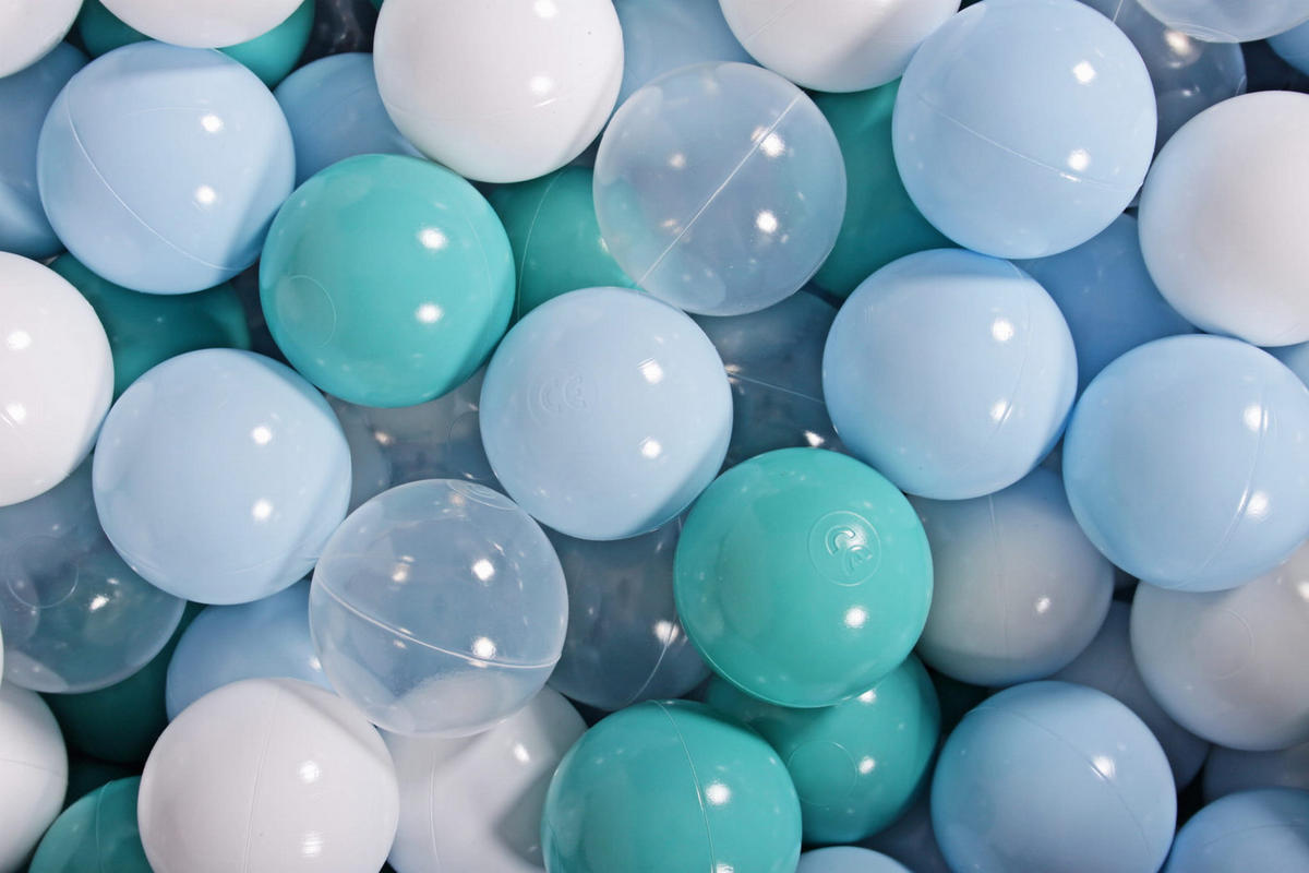 BÄLLE für Bällebad, Spielbälle, Plastikbälle für Kinder Set 50 pcs.: Himmelblau/Türkis/Transparent/Weiß - Pastellblau, Textil (7/7/7cm) - MeowBaby