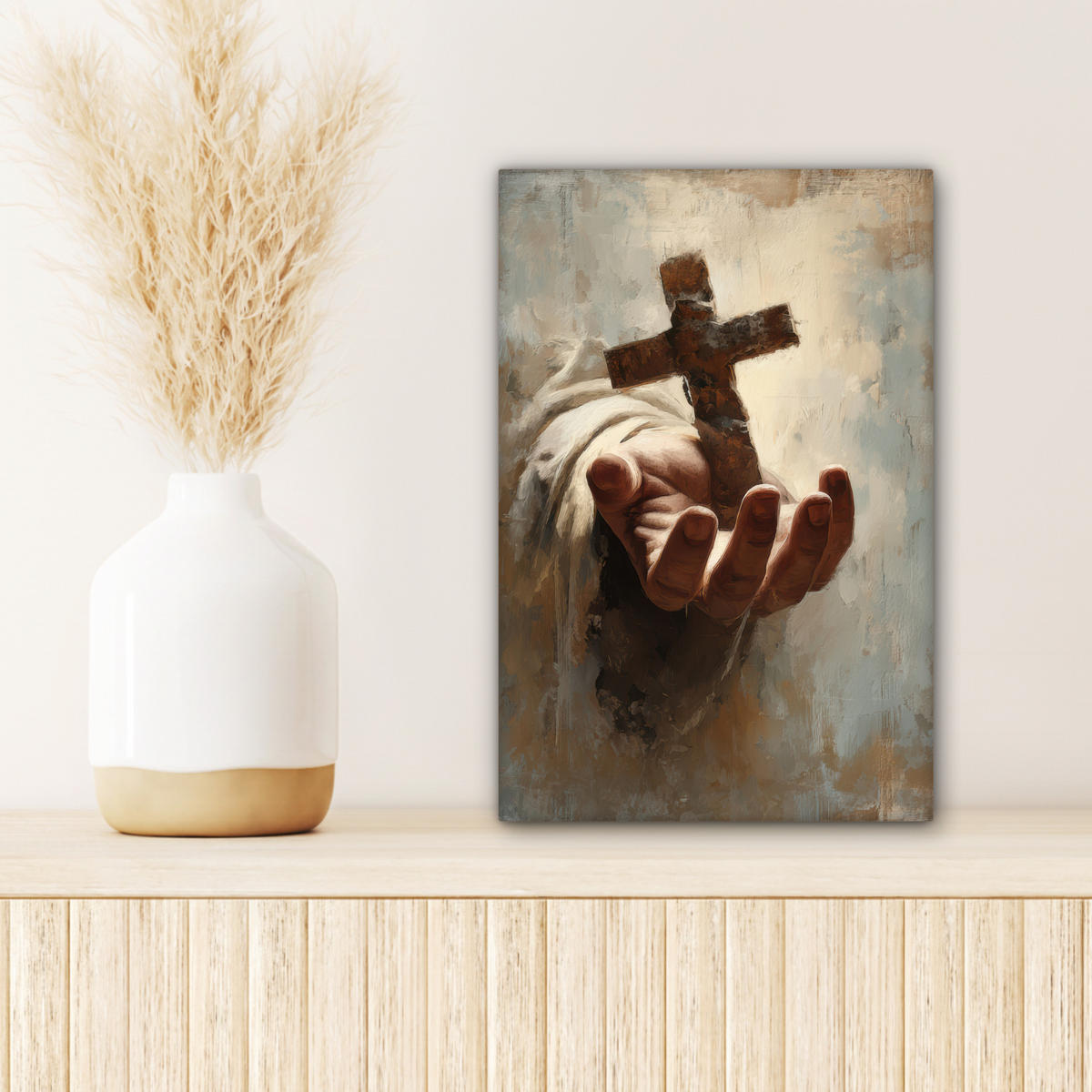 LEINWANDBILD Abstrakt - Kreuz - Hand - Christentum Deko Wohnzimmer 20x30 cm - Hellbraun, Textil (20/30cm) - MuchoWow