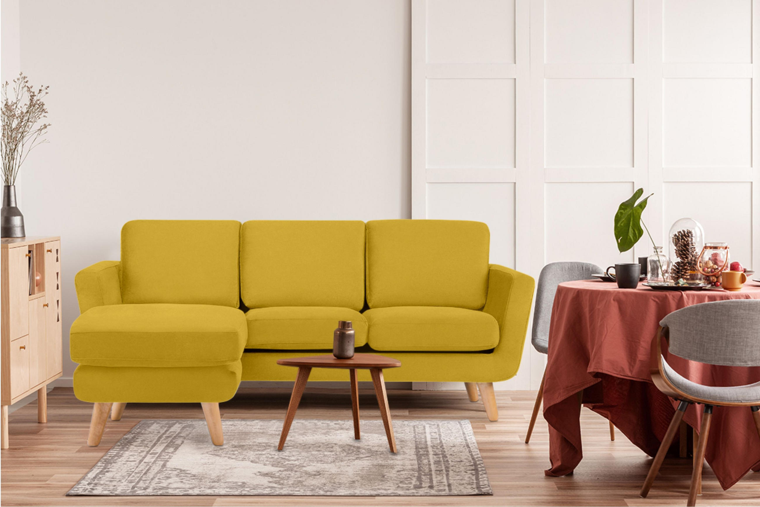 Thumbnail - Konsimo® 3-Sitzer-Ecksofa-Links, Gelb, Textil, L-Form, 190x151 cm, FSC 100%, Hergestellt in Europa, Wohnzimmer, Sofas & ...