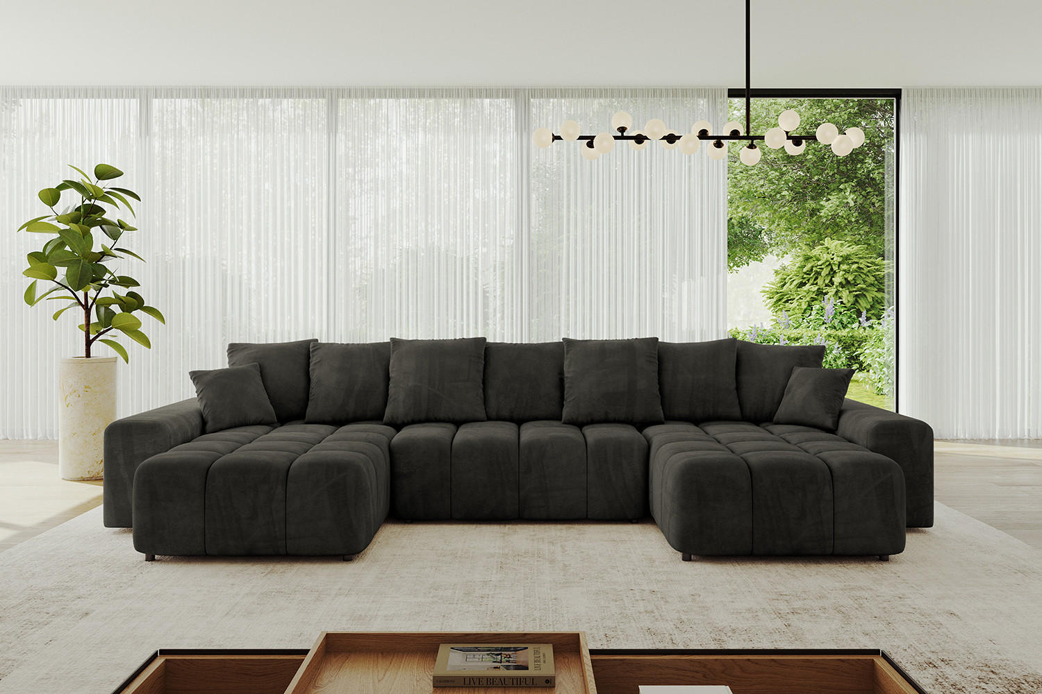 WOHNLANDSCHAFT ENIL-U 390x175x84 Schwarz Velours - Schwarz, Holzwerkstoff/Kunststoff (390/84/175cm) - ALTDECOR