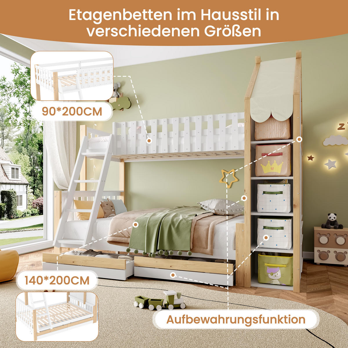 ETAGENBETT 90/200 cm + 140/200 cm weiß mit zwei Schubladen und Hausdach - Weiß, Holz (90/200cm) - OKWISH