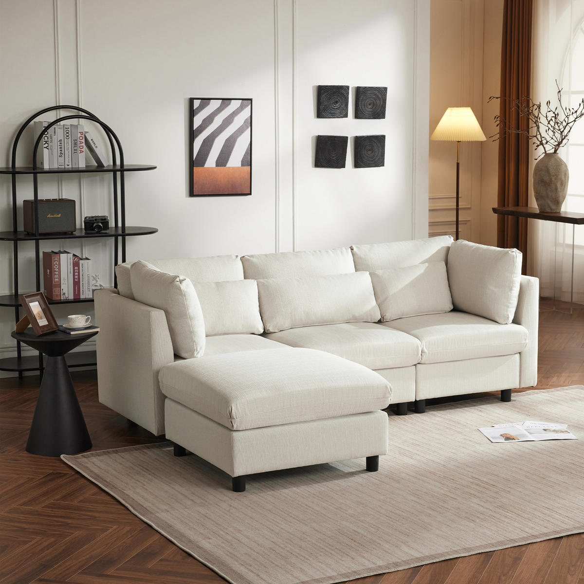 ECKSOFA L-Form Dreisitzer mit Fußhocker Modern Polster Beige - Beige, Holz (76/76cm) - FLIEKS