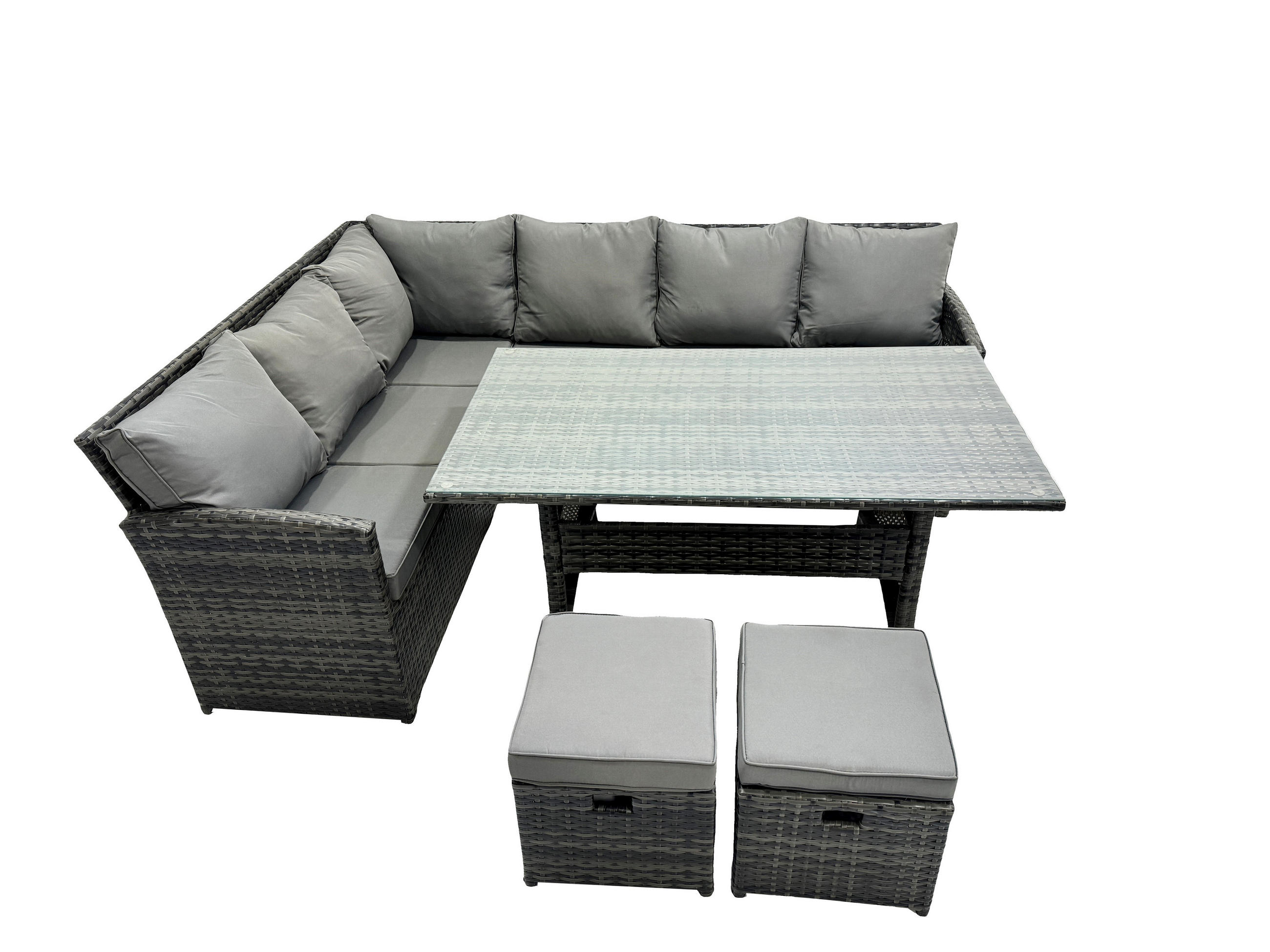 GARTENMÖBEL SET mit Rechteckiger Esstisch Polyrattan Dunkelgrau 8-Sitzer - Dunkelgrau/Grau, Glas/Kunststoff - Fimous