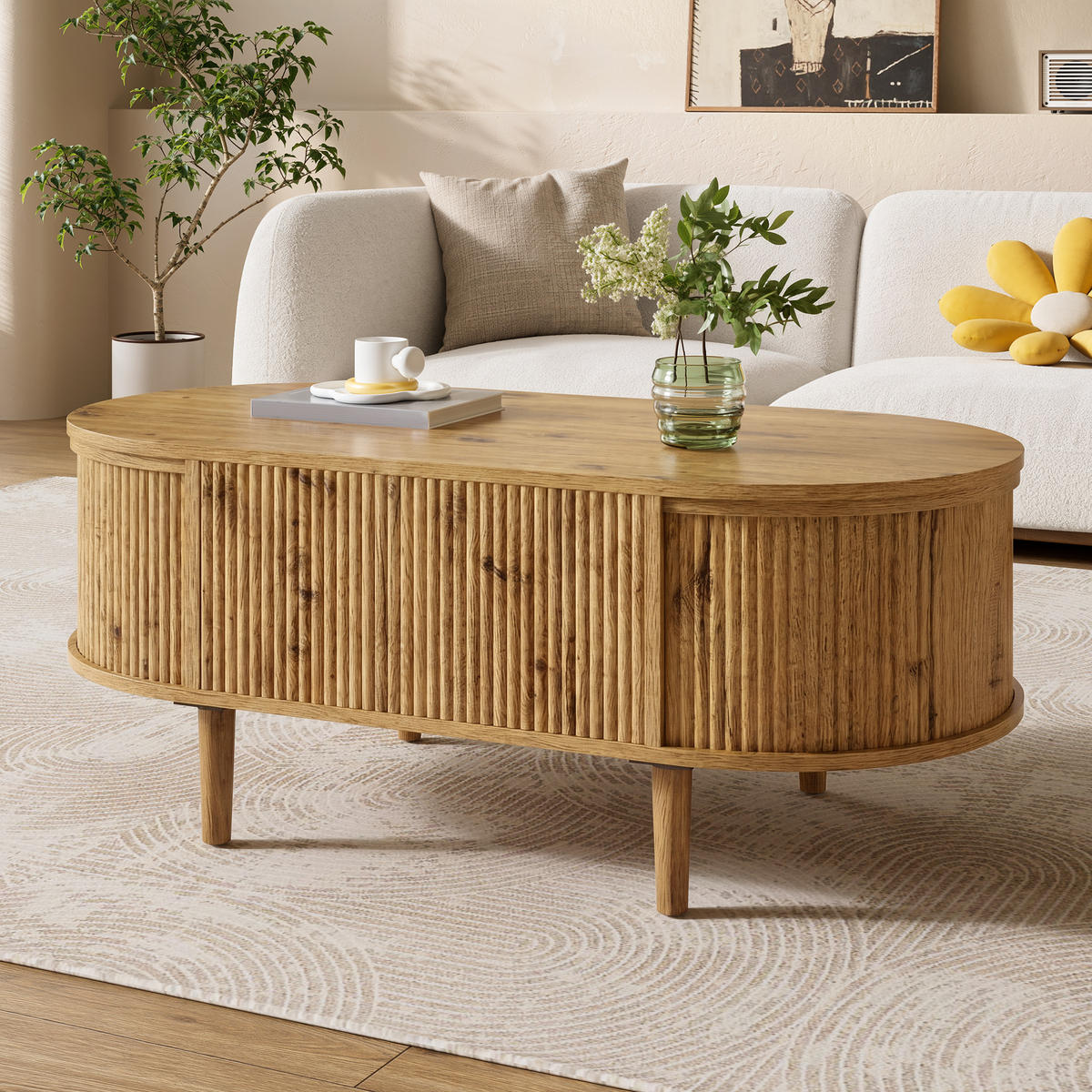 KONFERENČNÍSTOLEK Oválný Vlnitý Zvedací Úložný - barva dubu, kompozitní dřevo (100/48/54.5cm) - FLIEKS