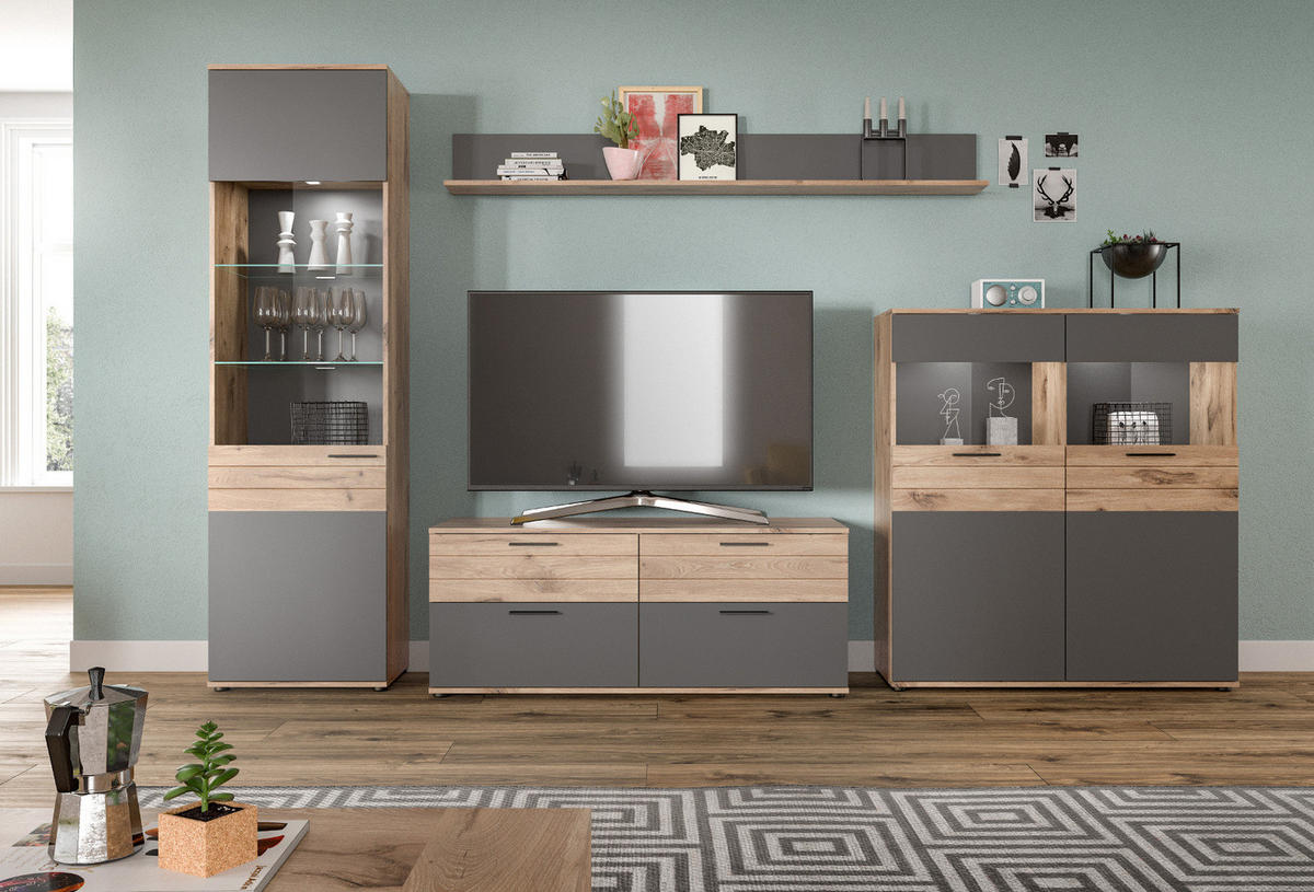WOHNWAND Eiche, grau 4-teilig 327 cm, Schrankwand mit Soft-Close, Wohn- und Esszimmermöbel - Eichefarben/Schwarz, Glas/Holzwerkstoff (327/200/44cm) - Inn.Furn