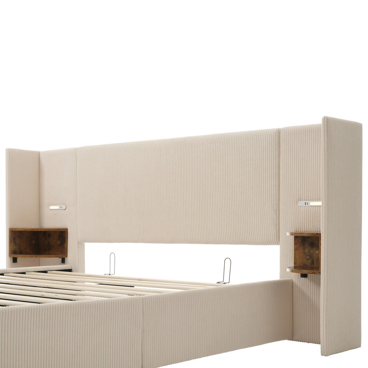 POLSTERBETT 160×200 cm aus Cordstoff mit Stauraum, USB-C-Ladefunktion und Leselicht, beige - Beige, Textil (160/200cm) - Luhomfu
