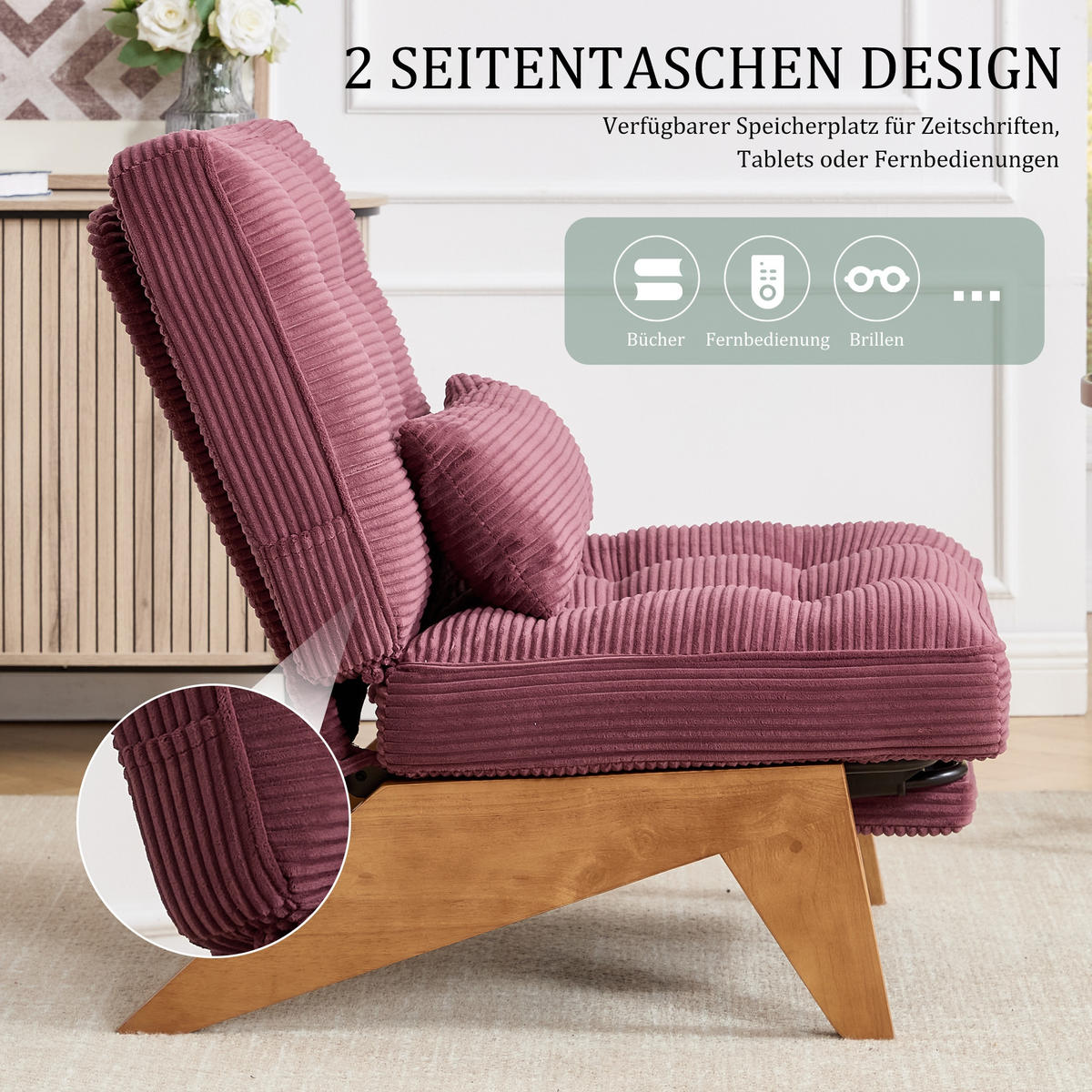 SCHAUKELSTUHL Rotwein Cord mit Fußstütze, Lendenkissen und Holzbeinen - Weinrot, Textil (73/90/127cm) - Oxeza