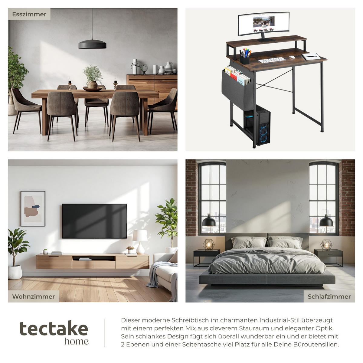 SCHREIBTISCH Everett, 80 x 55 x 90 cm, Industrial Holz dunkel, rustikal - Rostfarben, Holzwerkstoff (55/80/90cm) - tectake