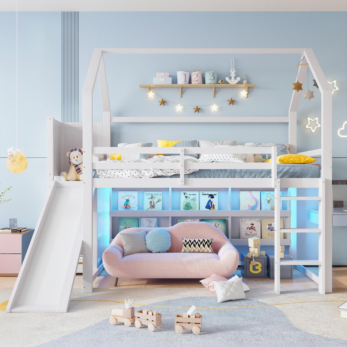 HOCHBETT 90/200 cm in Weiß mit Rutsche, Regal und LED im Haus-Design - Weiß, Holz (90/200cm) - STILVORA