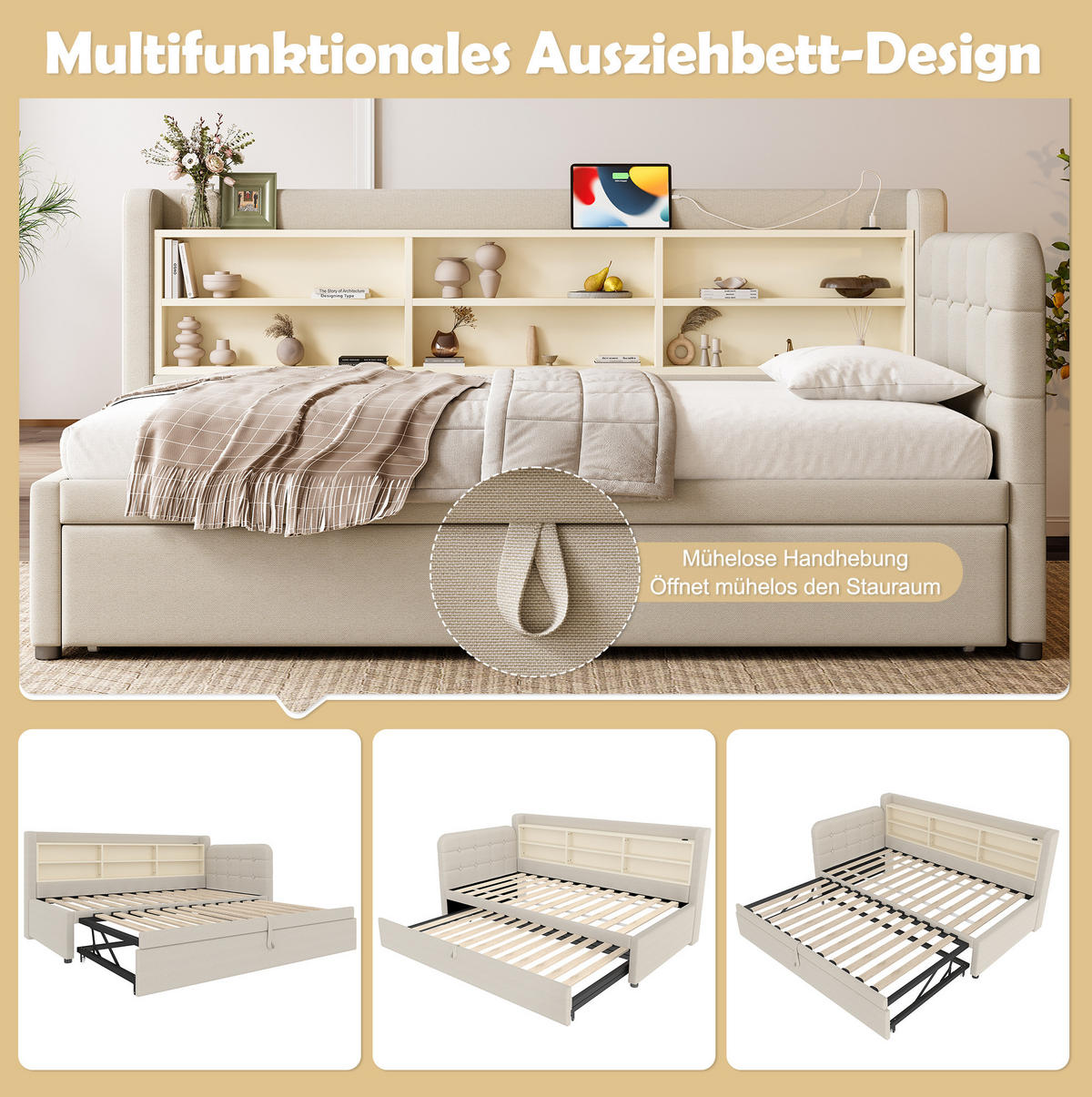 BETT 90/200 cm mit Ausziehbett, Kopfteil und USB/Typ-C – inkl. Lattenrost, Beige - Beige, Textil (90/200cm) - BEAOK