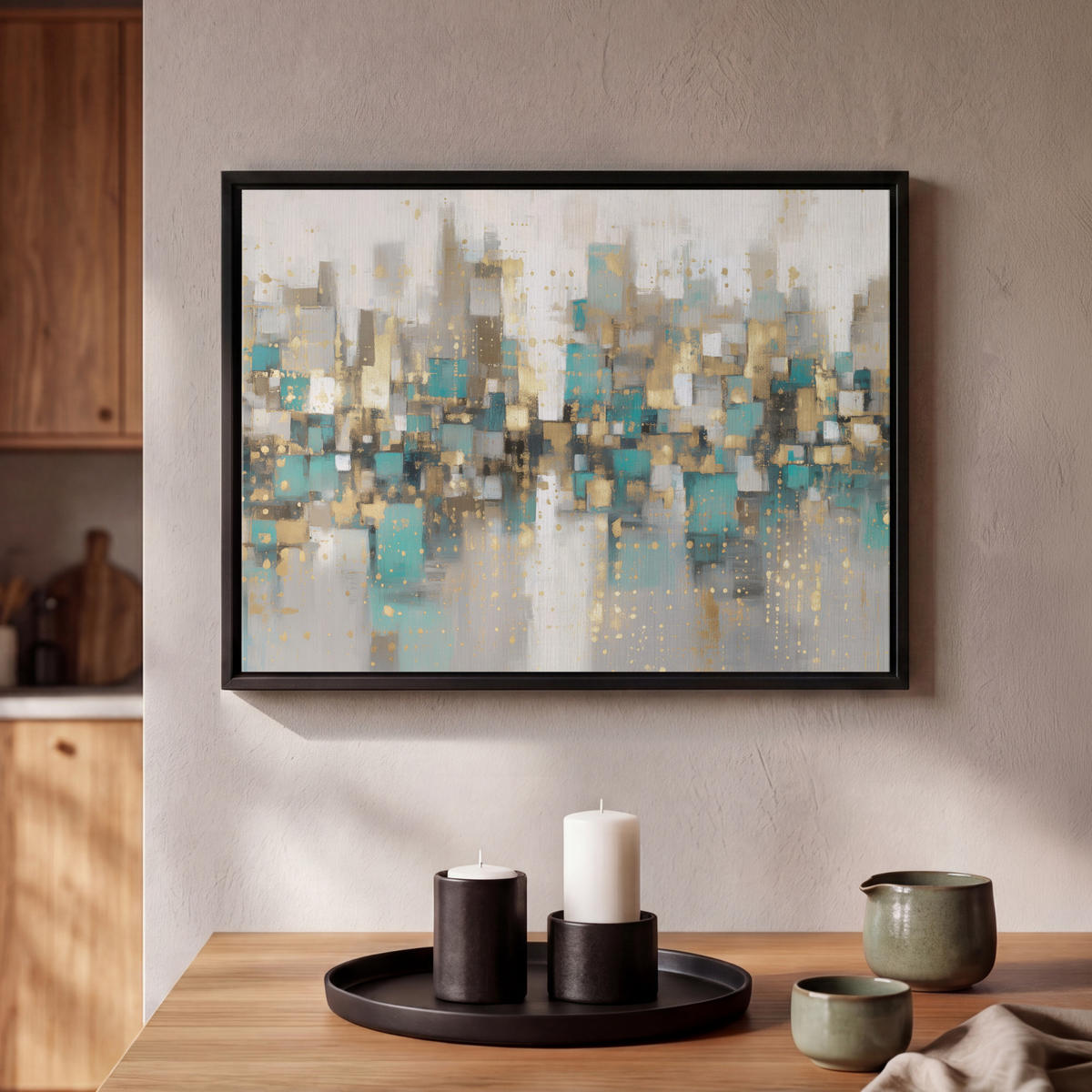 LEINWAND Bilder mit Rahmen - Abstrakt - Blöcke - Gold - Skyline - 40x30 - Beige, Textil (40/30cm) - MuchoWow