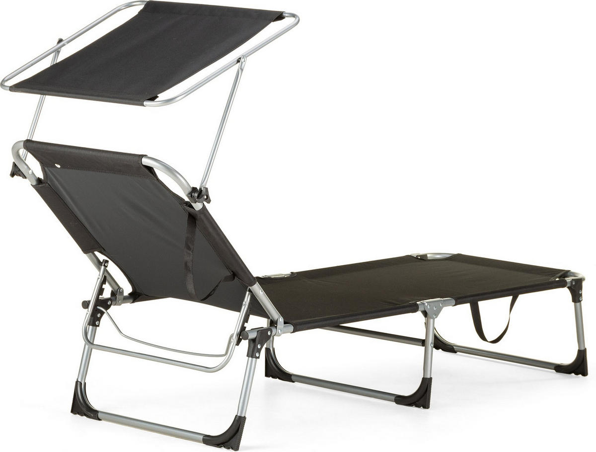 SONNENLIEGE mit Sonnendach, bis 120 kg - Schwarz, Textil/Metall (60/60/188cm) - Outtec