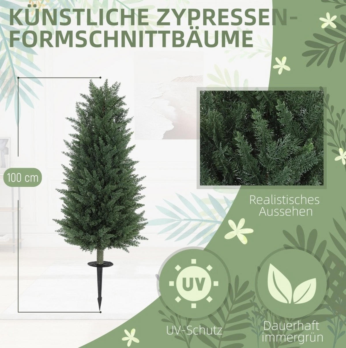 KUNSTPFLANZEN Zypresse 33/33/100 cm grün aus Kunststoff mit Erdspieß - Grün, Kunststoff (100cm) - OKWISH