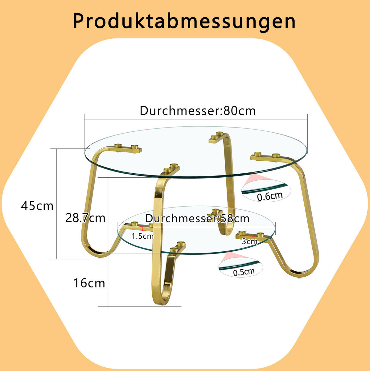 COUCHTISCH 2-stufig Metall Gold mit Glasplatten - Goldfarben, Metall (80/80/45cm) - Meubliv