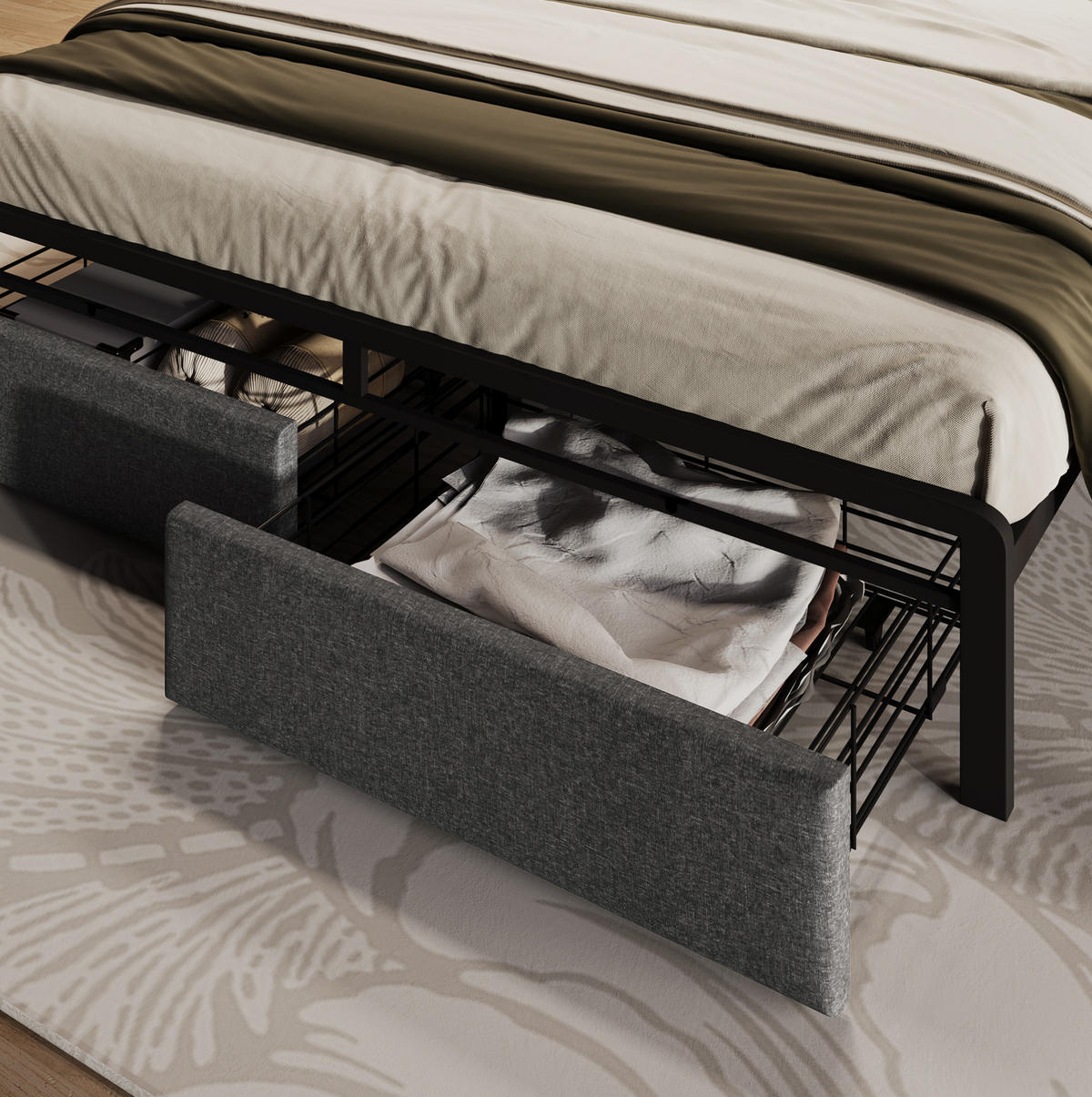BETT aus Leinen 140x200 cm Grau mit LED, USB-C, Stauraum-Kopfteil und 2 Schubladen - Grau, Textil (140/200cm) - Modfu