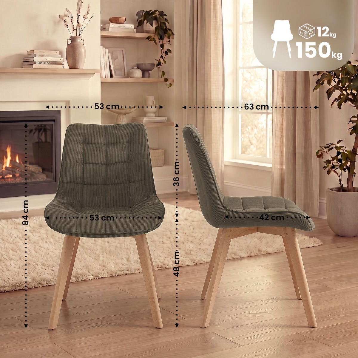 STUHL Cord Taupe - Taupe/Eukalyptusholzfarben, Holz/Textil (53/84/63cm) - CLP