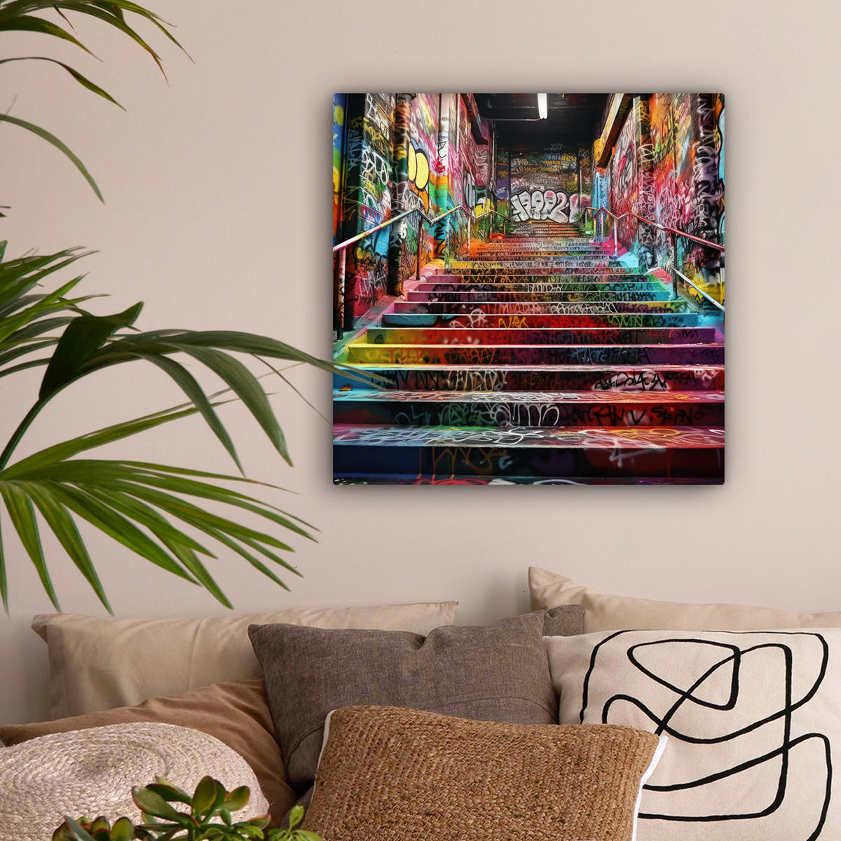 LEINWANDBILD Treppe - Graffiti - Farben - Kunst 50x50 cm - Multicolor, Textil (50/50cm) - MuchoWow