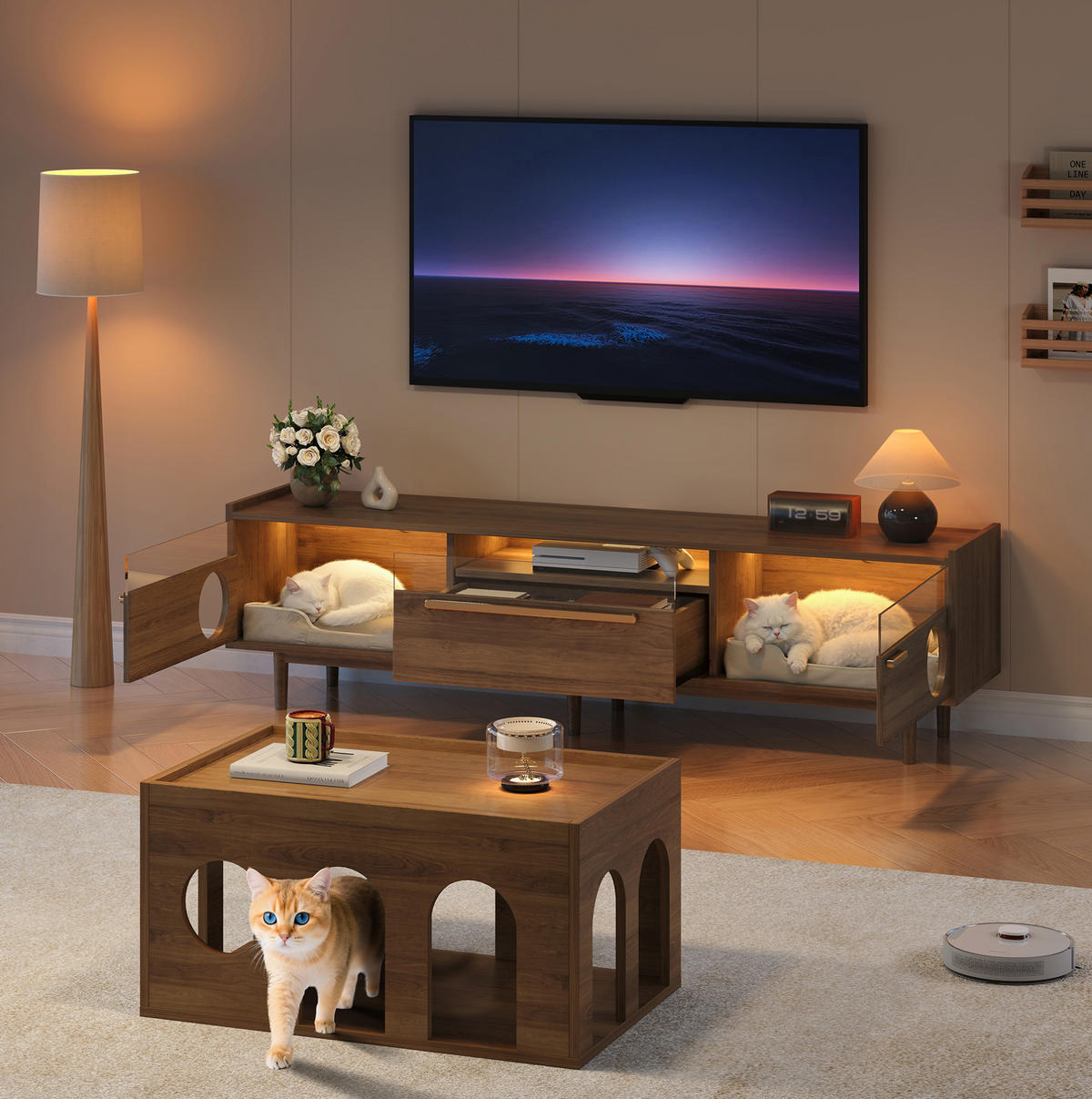 TV-ELEMENT mit LED und Katzenruheraum Holzwerkstoff Nussbaumfarbe - Braun, Holzwerkstoff (40/50/180cm) - Beauniv