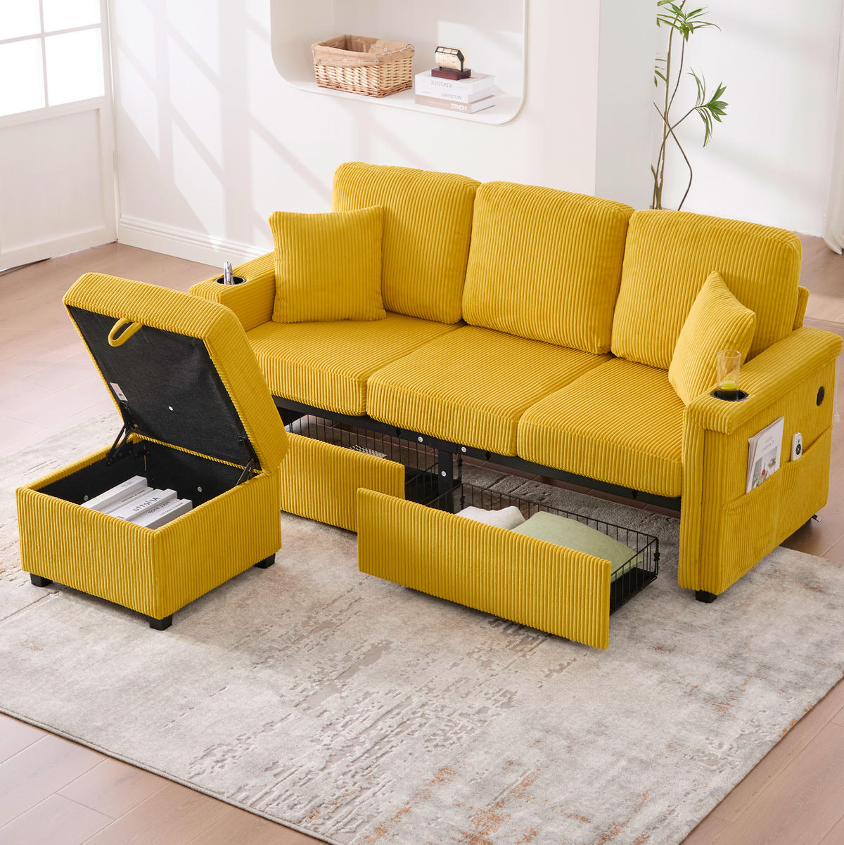 SOFA mit LED und USB/Type-C 194 x 73 x 81 cm Mustard Yellow - Gelb, Kunststoff (194/81/73cm) - Meubliv