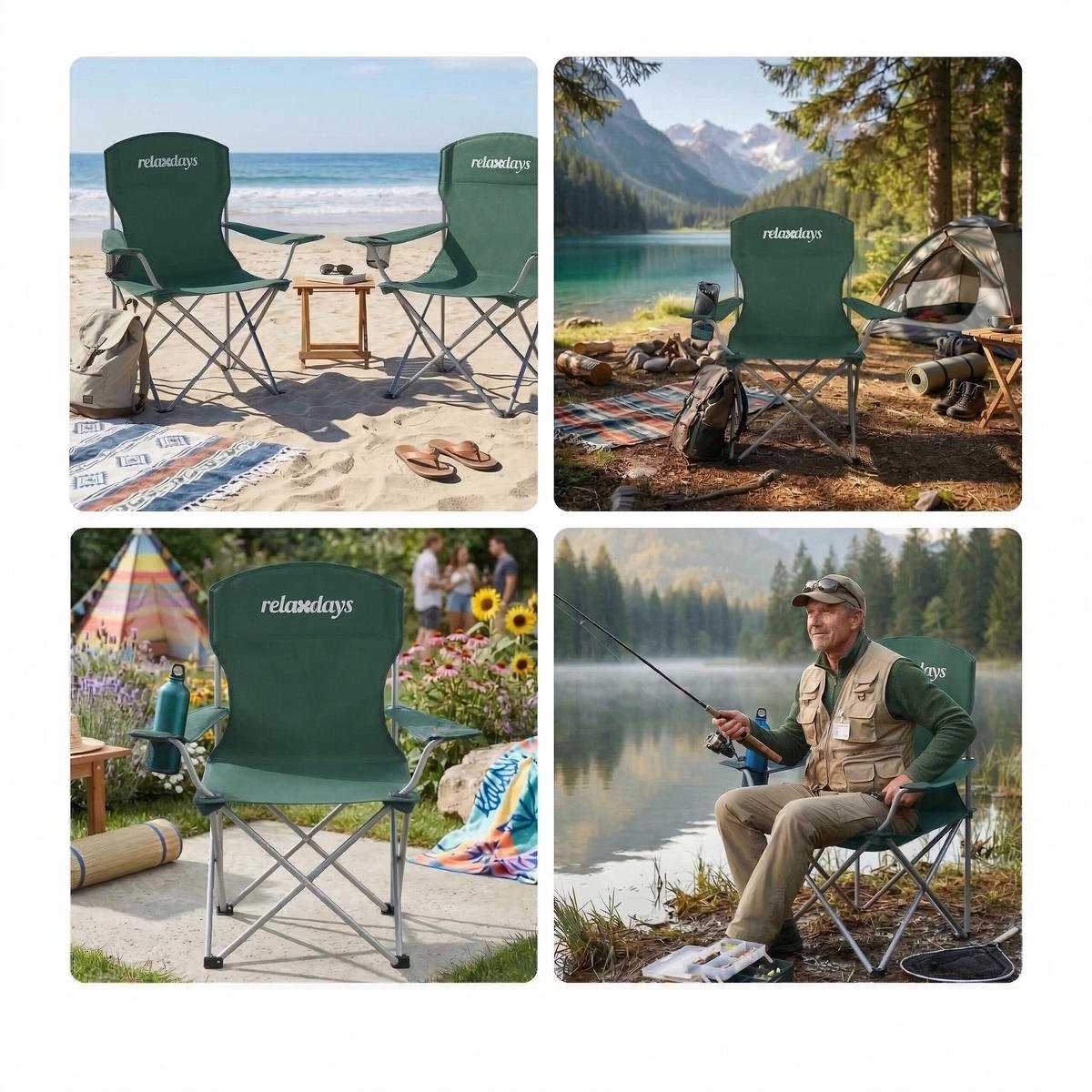 2XSKLÁDACÍ židle - tmavě zelená, kov/textil (81/97/54cm) - Relaxdays