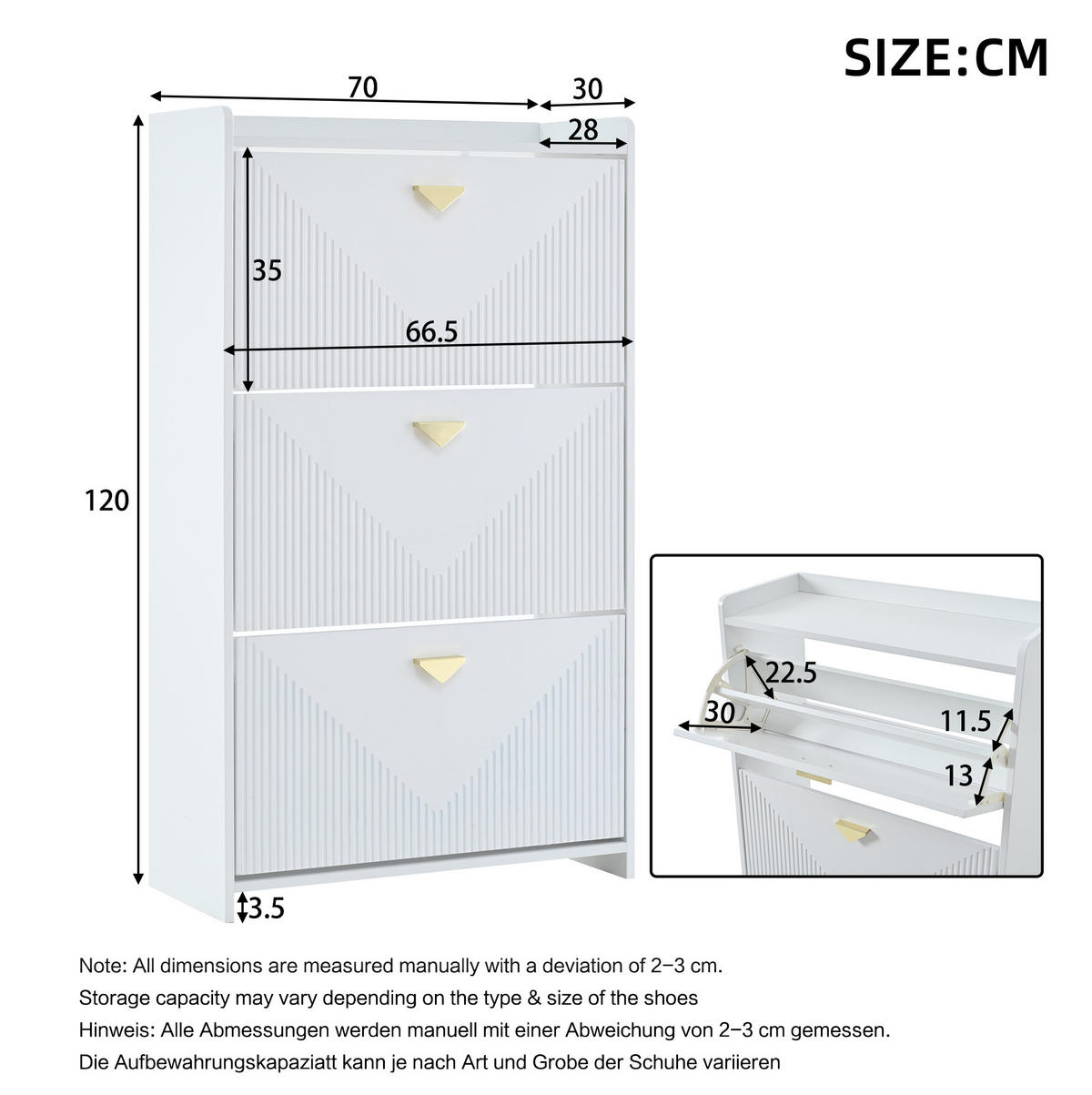 SCHUHSCHRANK aus MDF 70x30x120cm in Weiß mit 3 Klapptüren - Weiß, Holzwerkstoff (70/120/30cm) - Modfu