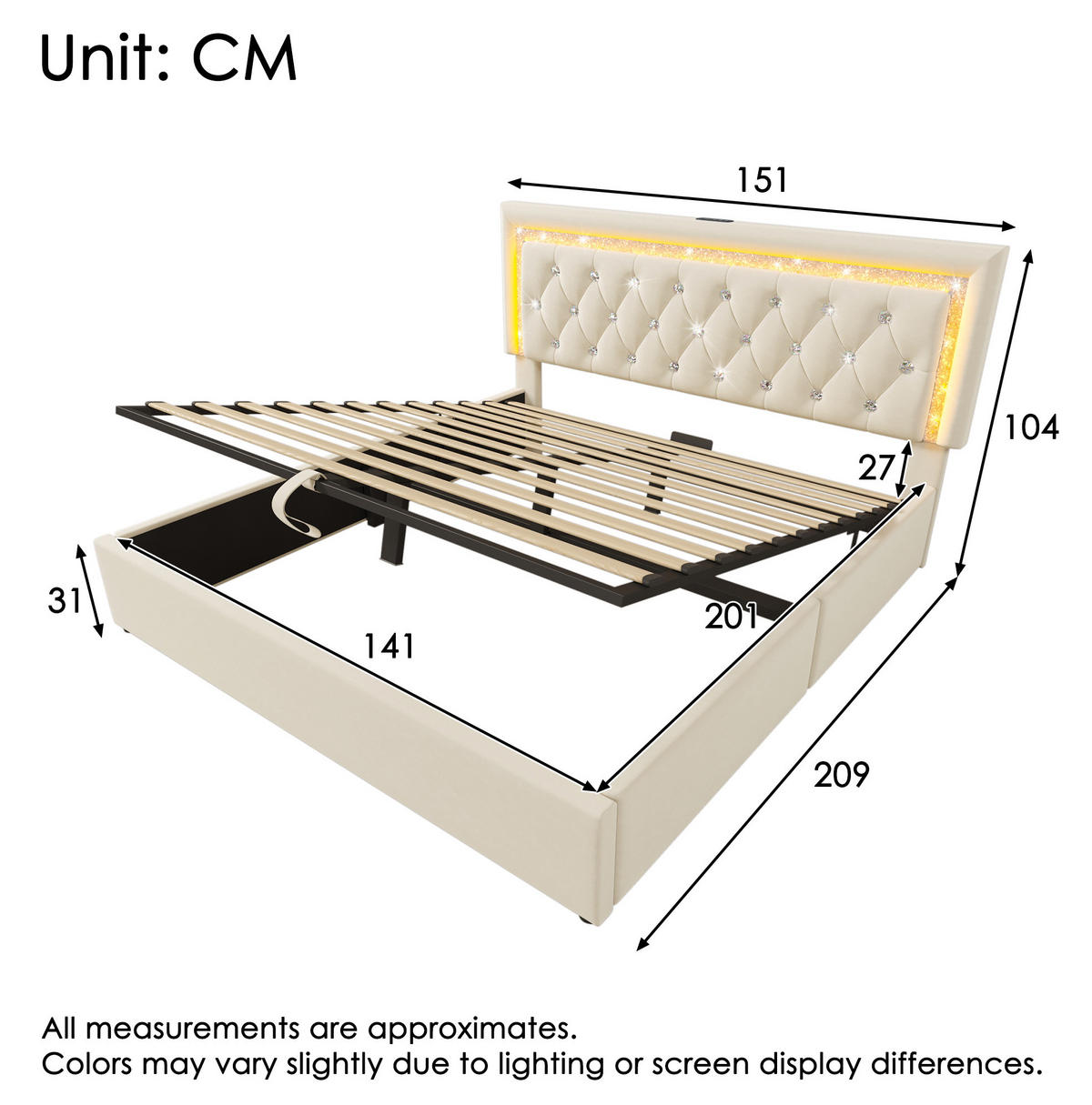 POLSTERBETT 140/200 cm Beige mit LED-Beleuchtung, USB- und Type-C-Anschlüssen - Beige, Textil (140/200cm) - Flora Grace