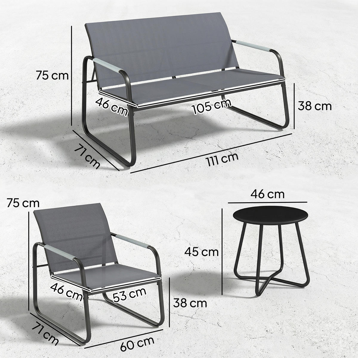 GARTENSET 4-teilig Grau 111.0/71.0/75.0 cm - Grau, Metall
