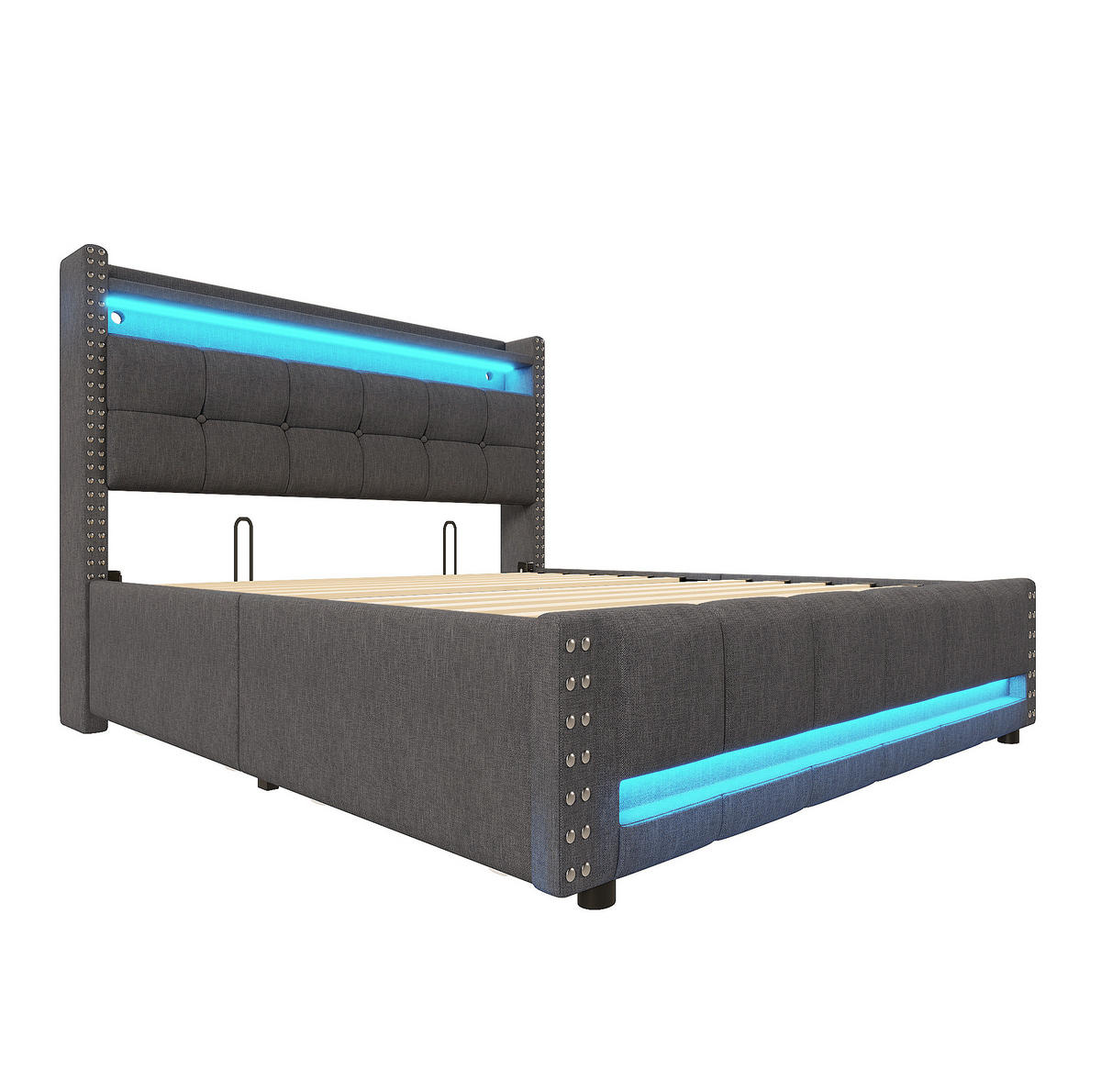 ČALÚNENÁ posteľ z leinenstoffu 140x200 cm sivá s LED osvetlením, USB portom a úložným priestorom - sivá, textil (140/200cm) - Modfu