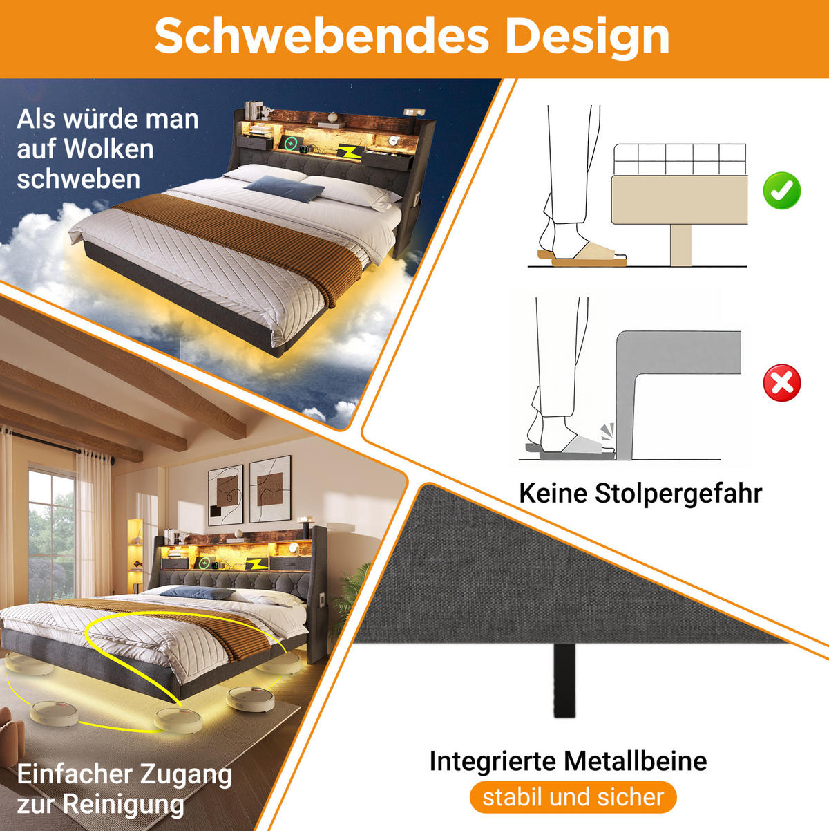 POLSTERBETT 160/200 cm Grau aus Leinen mit LED und Ladestation - Grau, Textil (160/200cm) - OKMYHOME