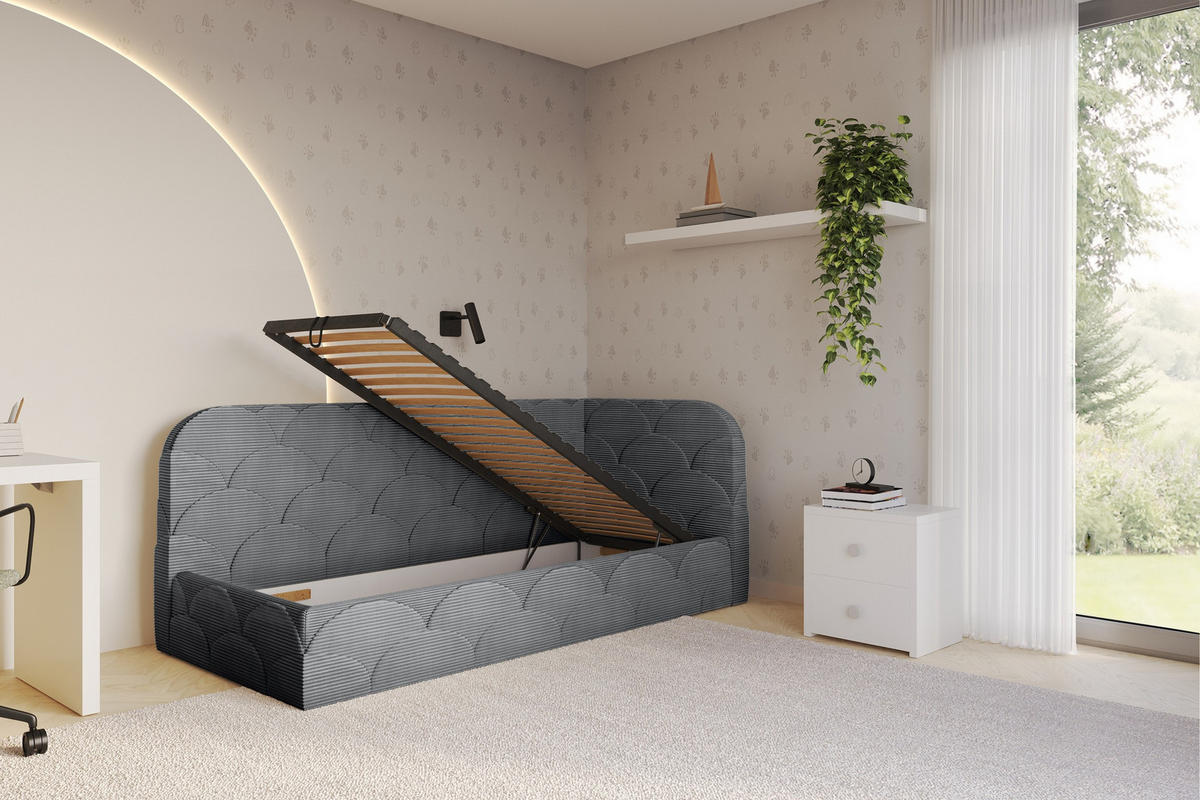 EINZELLBETT Jugendbett mit Bettkasten und Matratze H3/H4, Links - ELRY 90x200 Dunkelgrau - Graphitfarben, Holzwerkstoff/Textil (90/200cm) - ALTDECOR