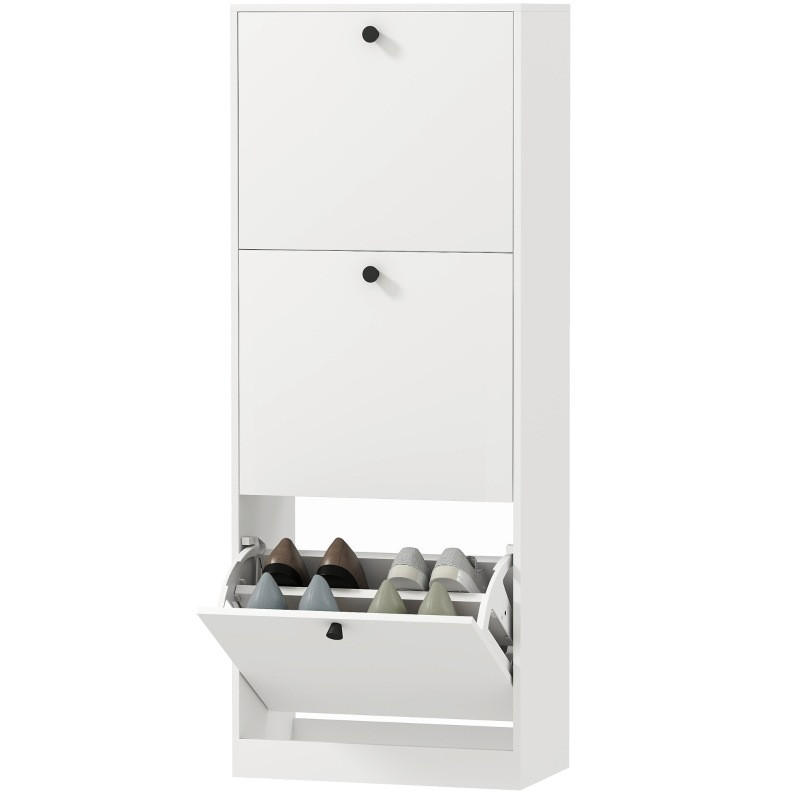 Modfu BOTNÍK z melaminované dřevotřísky 47x26x120 cm bílý se 3 výklopnými přihrádkami a nastavitelnými policemi