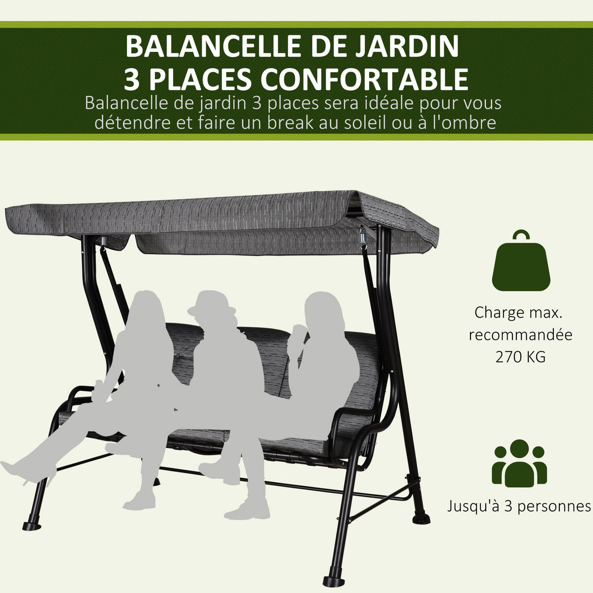 HOLLYWOODSCHAUKEL DE-15236 Grau-Schwarz - Schwarz, Metall (304.8/431.8/508cm) - ComfortXL