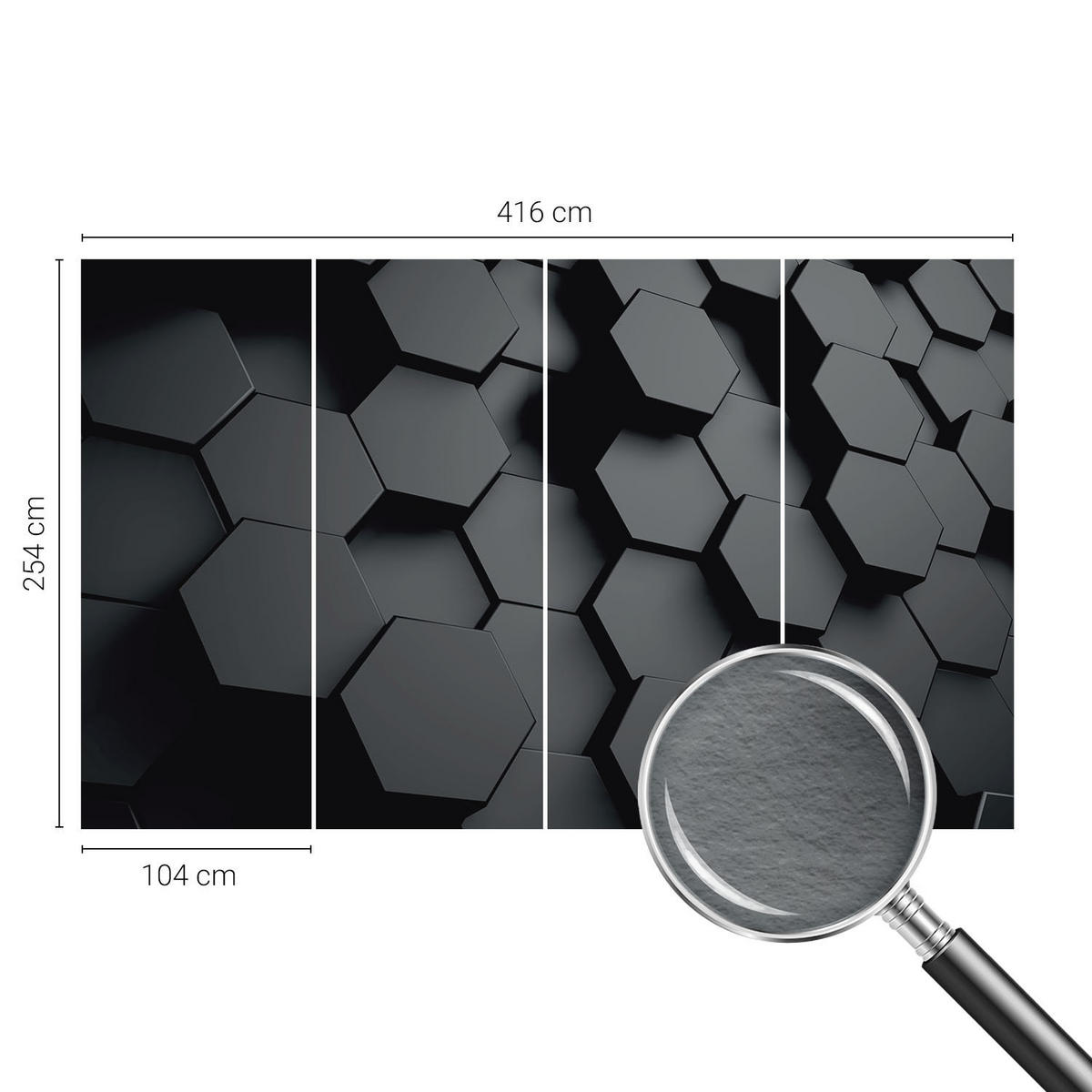 FOTOTAPETE 416x254 cm - 3D-Sechsecke - Schwarz, Textil (416/254cm) - Wallfluent