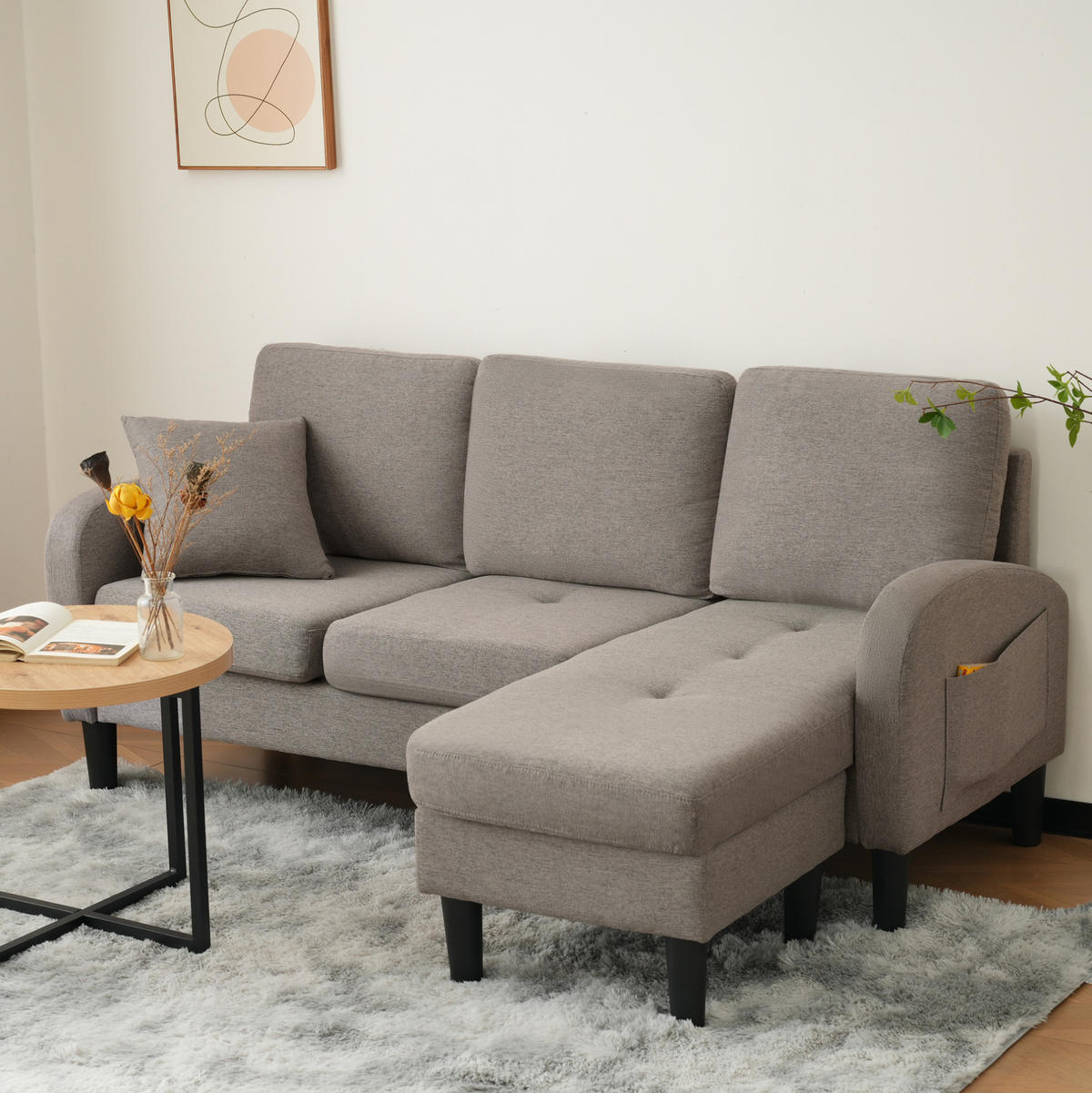 ECKSOFA Baumwoll-Leinenbezug mit Chaiselongue modular Antik Dunkelgrau 166/118/77 cm - Dunkelgrau, Textil (166/118cm) - Redom