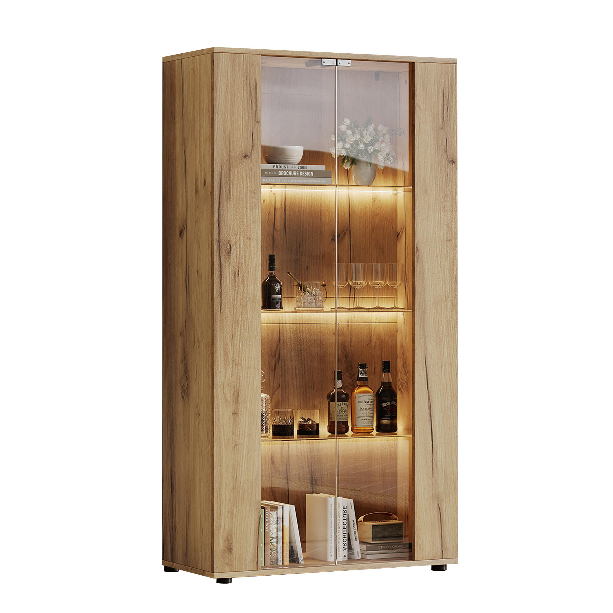 VITRINE 80x36x150,5 cm Natur mit LED und 2 Türen - Naturfarben, Holzwerkstoff (80/150.5/36cm) - FLIEKS