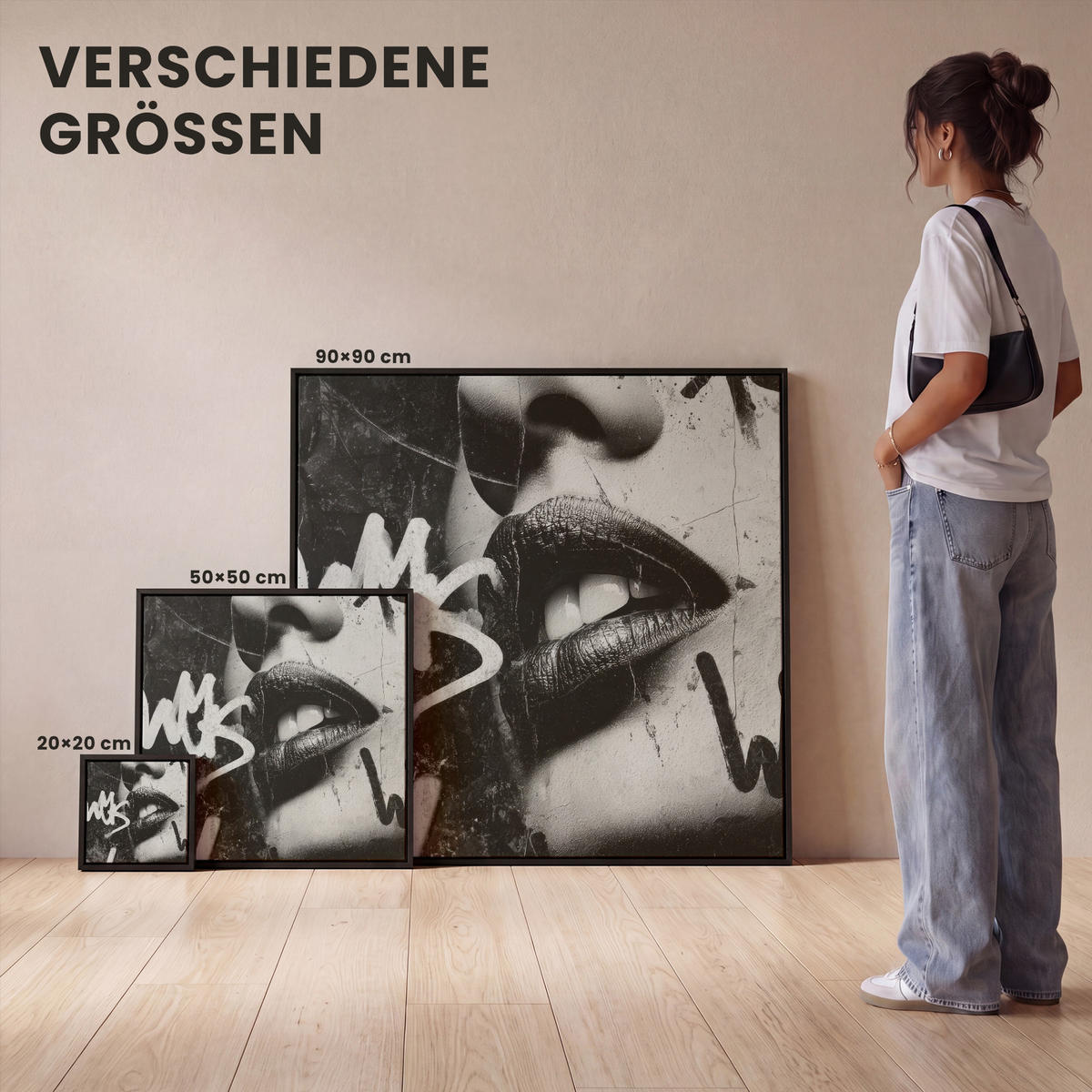 LEINWAND Bilder mit Rahmen - Gesicht - Mund - Graffiti - Schwarz - 90x90 - Schwarz, Textil (90/90cm) - MuchoWow