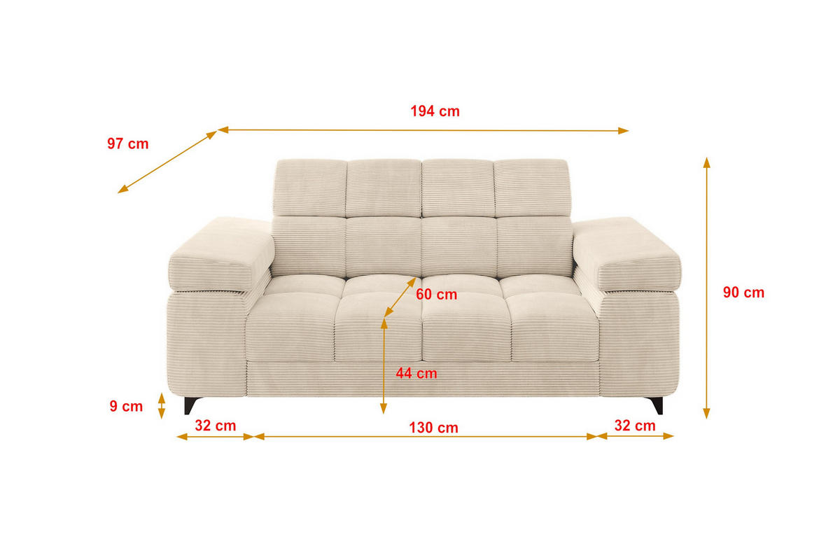 SOFA 2-Sitzer LORD-S1 194x97x90 cm Beige Cord - Beige, Holzwerkstoff/Textil (194/90/97cm) - ALTDECOR