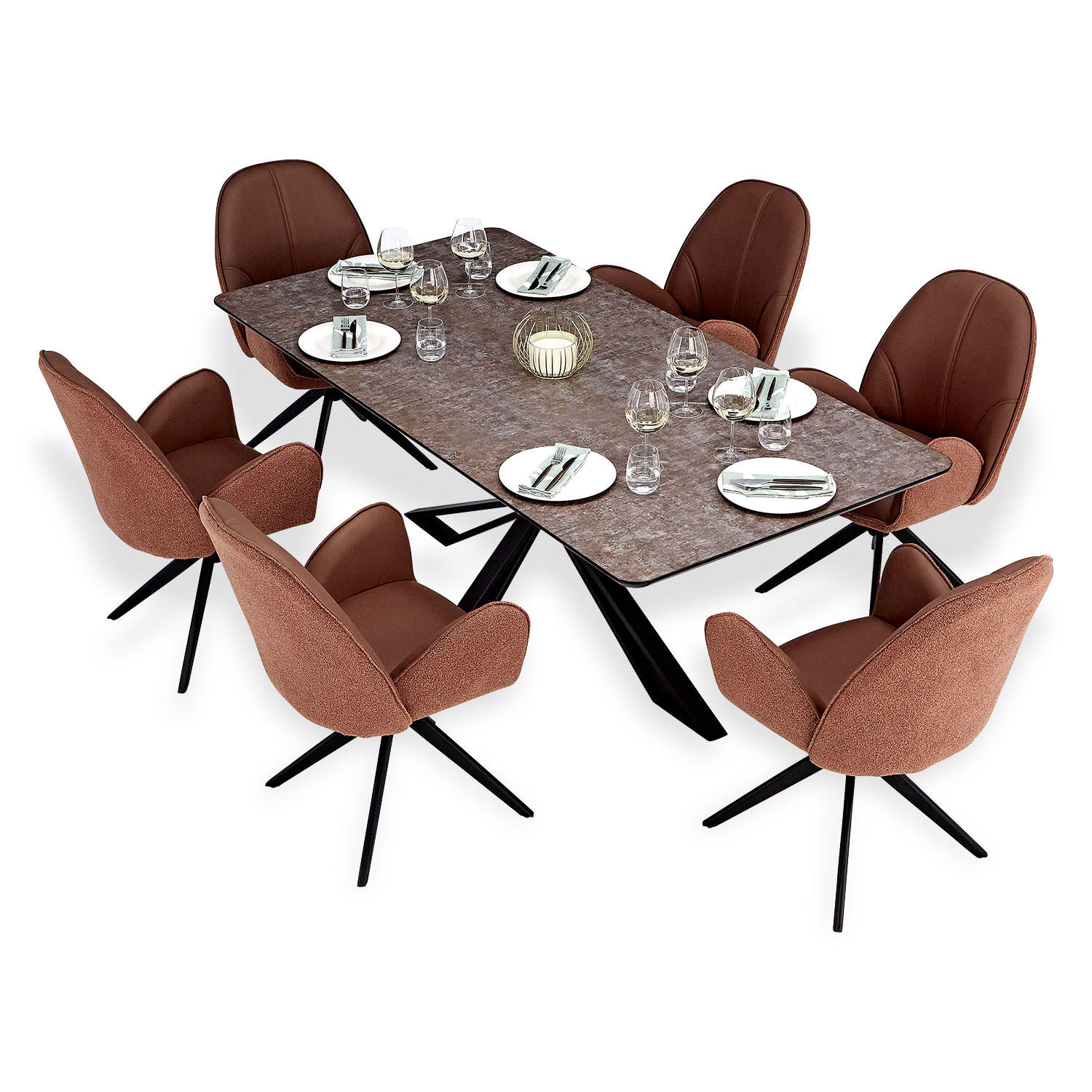 TISCHGRUPPE 200x100 cm schwarz mit 6 Stühle Braun - Braun, Metall (100/90/200cm) - Homestyle4u