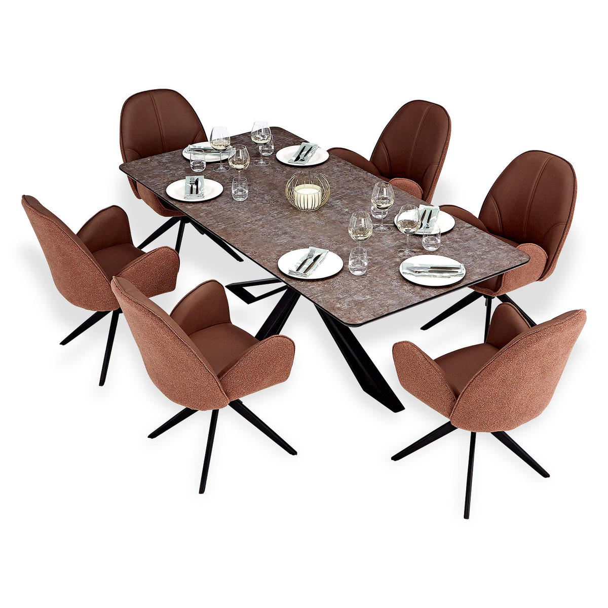 TISCHGRUPPE 200x100 cm schwarz mit 6 Stühle Braun - Braun, Metall (100/90/200cm) - Homestyle4u