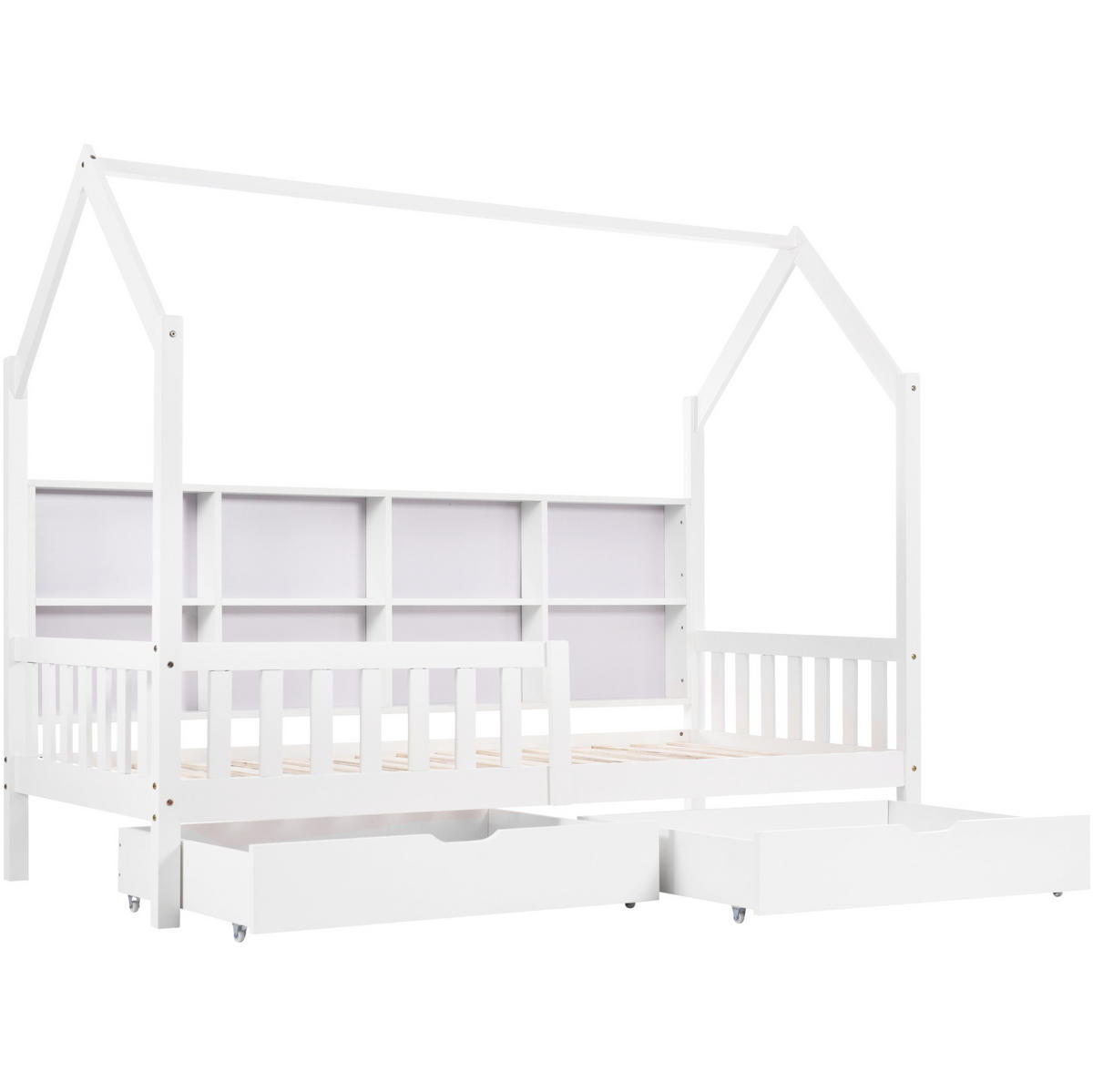 HAUSBETT 90/200 cm Weiß aus Kiefer mit Regal, 2 Schubladen und Rausfallschutz - Weiß, Holz (90/200cm) - Flora Grace