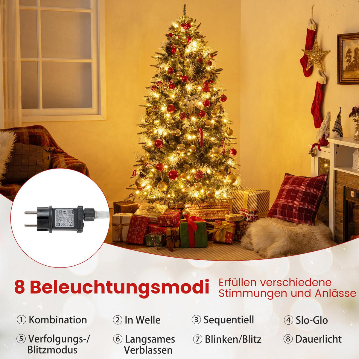 WEIHNACHTSBAUM mit 270 warmweißen LED-Lichtern 8 Lichtmodi 180 cm grün - Grün, Metall (180cm) - COSTWAY