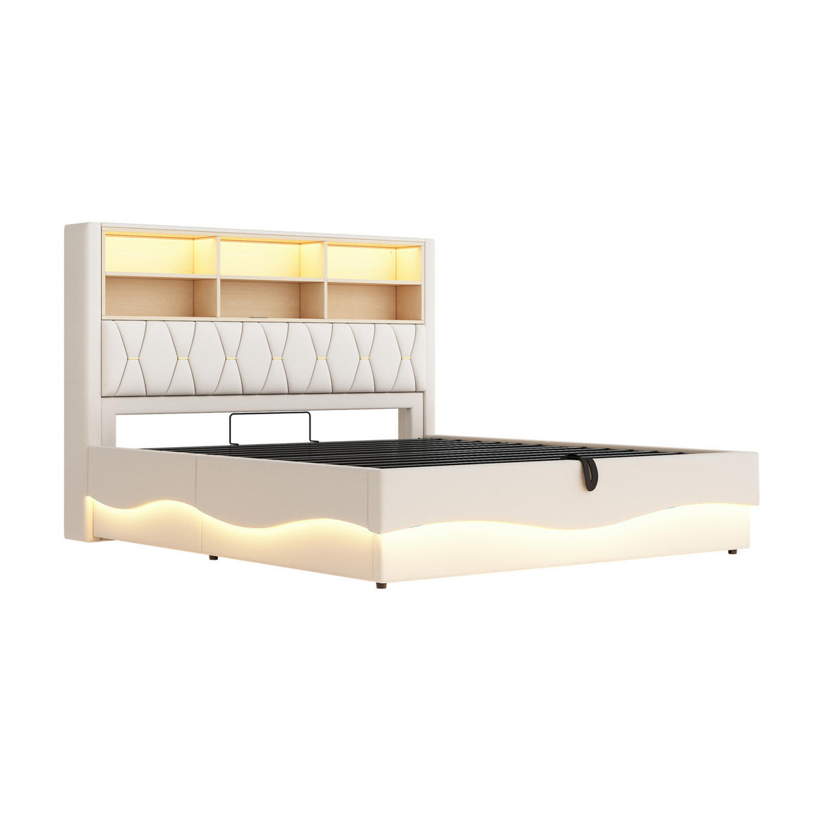 POLSTERBETT 180/200 cm mit LED-Beleuchtung, USB-Anschluss und hydraulischem Bettkasten, Leinen, Beige - Beige, Metall (180/200cm) - Redom