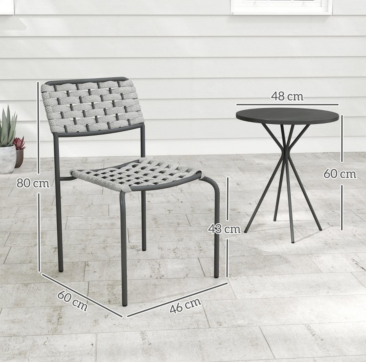 BALKONSET Gartenmöbel-Set 46/60/80 cm aus Stahl mit 2 stapelbaren Stühlen und Rundtisch Grau - Grau, Metall