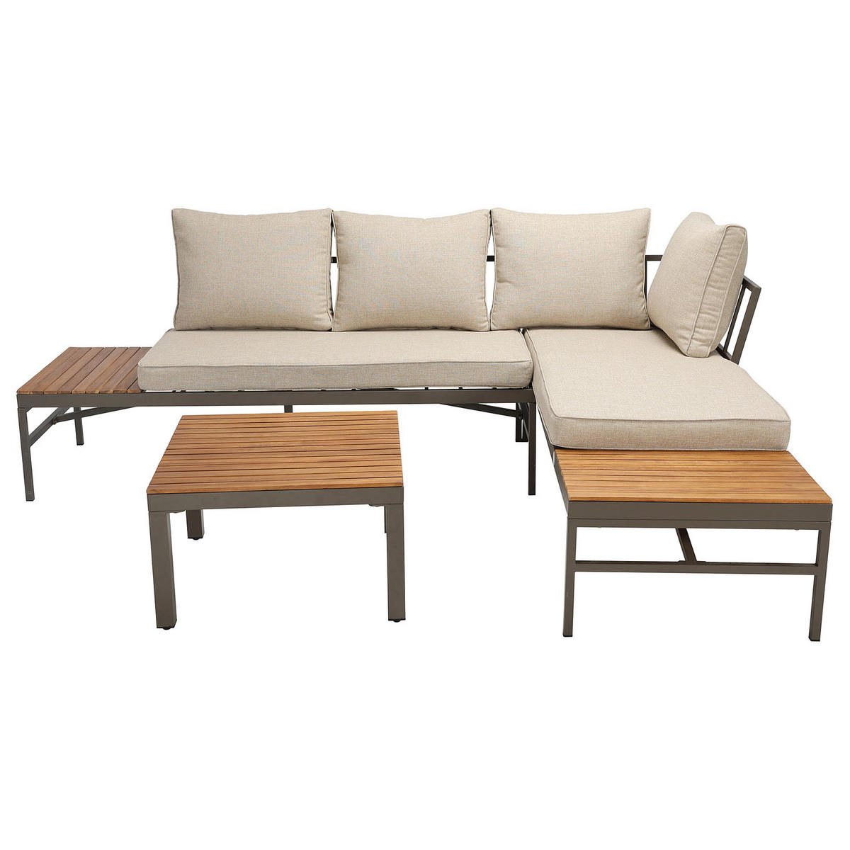LOUNGESET - 3-teilig - Webstoff / Akazie massiv - Beige / Akazie Braun - Beige, Holz/Textil - home24