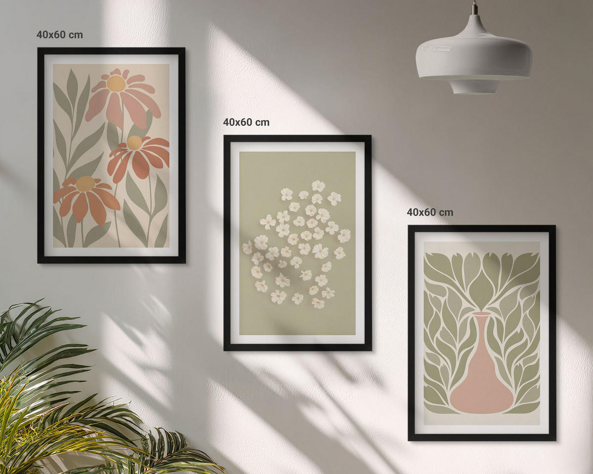 BILDER SET 3er Set - 40x60 cm Schwarzer Rahmen - Florale Boho-Muster - Schwarz, Kunststoff (40/60cm) - TULUP