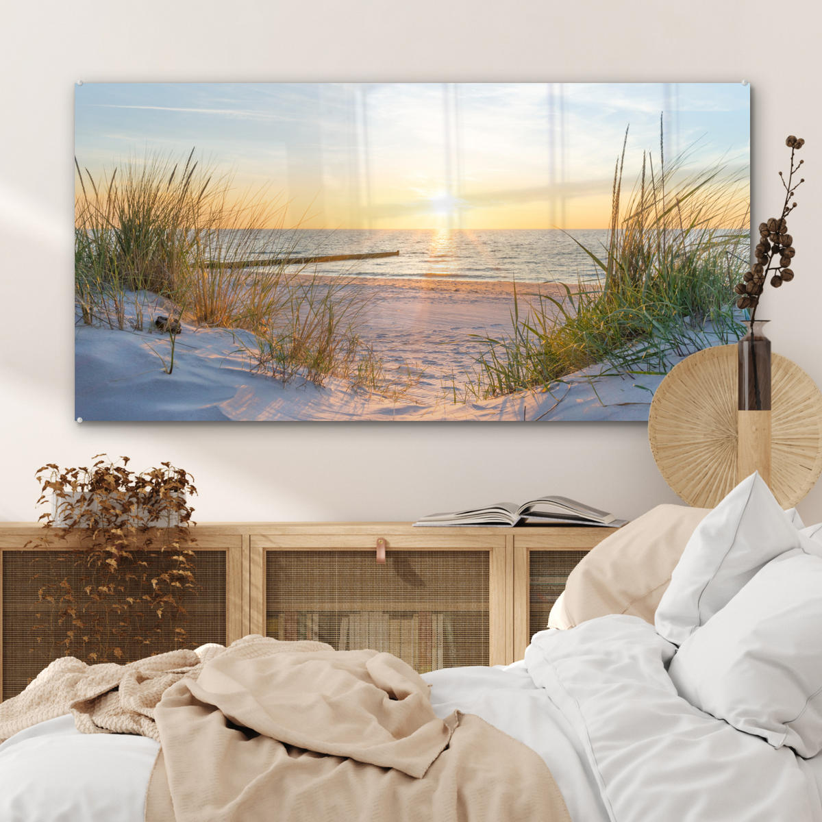 OBRAZ NA AKRYLOVOM SKLE Pláž - Slnko - Duny - Tráva - Piesok - Horizont 120x60 cm - svetlomodrá, sklo (120/60cm) - MuchoWow