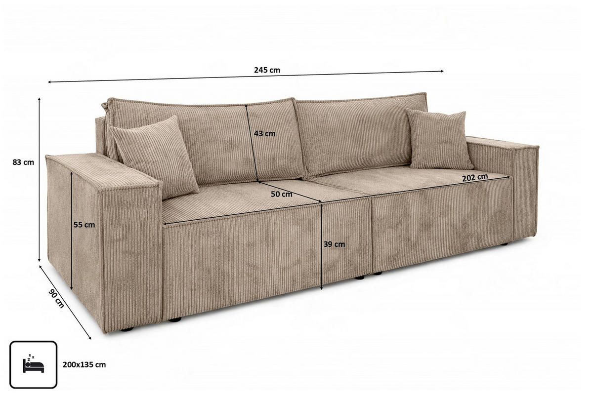 SOFA Mit Schlaffunktion Und Bettkasten, Cordstoff Poso, Dunkelbeige, BEST SCORNER - Beige, Holz (245/83/90cm) - Kaiser Möbel